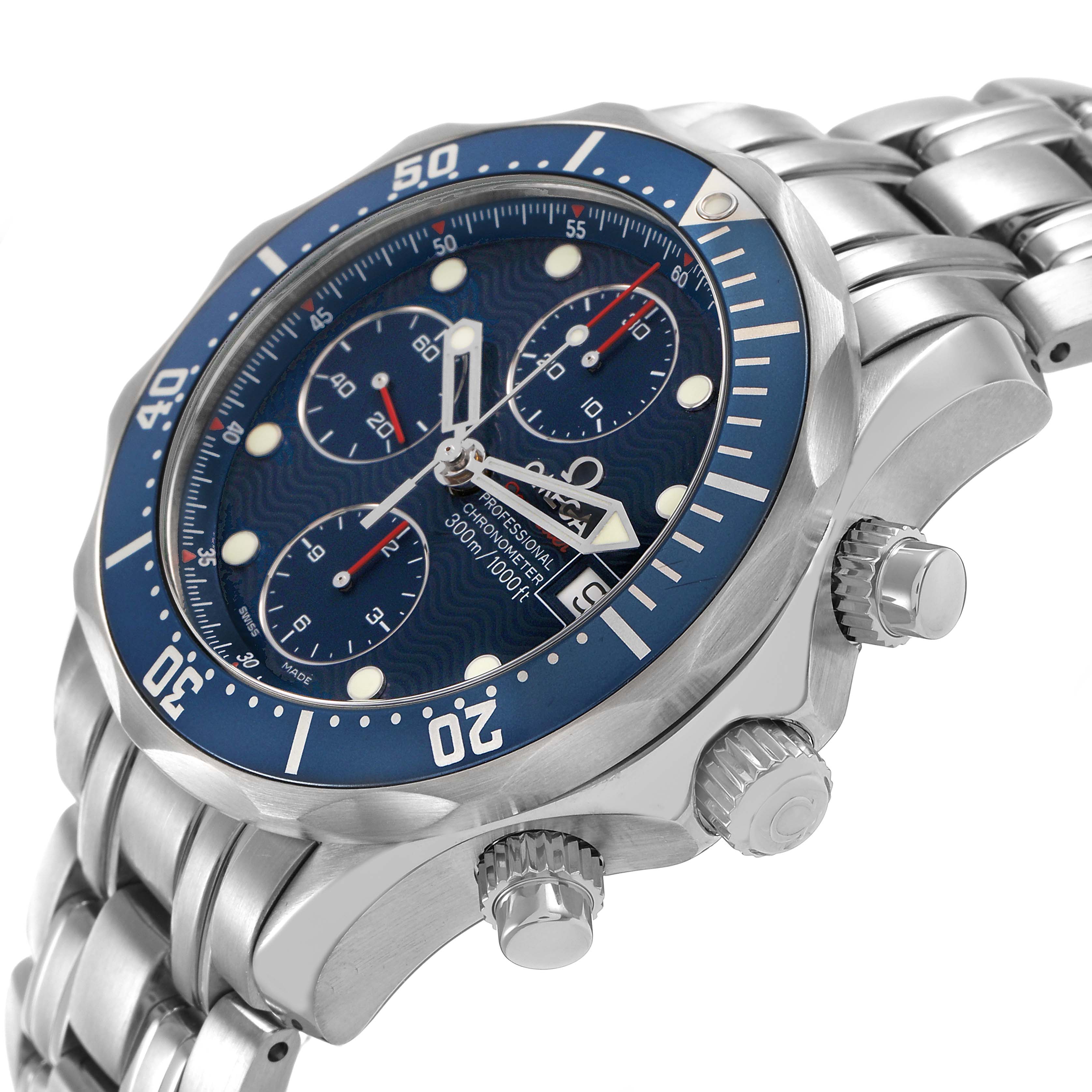 The Omega Seamaster 2225.80.00 Men's Stainless Steel Blue Dial is shown from a three-quarter angle, highlighting the face, bezel, crown, and metal bracelet.