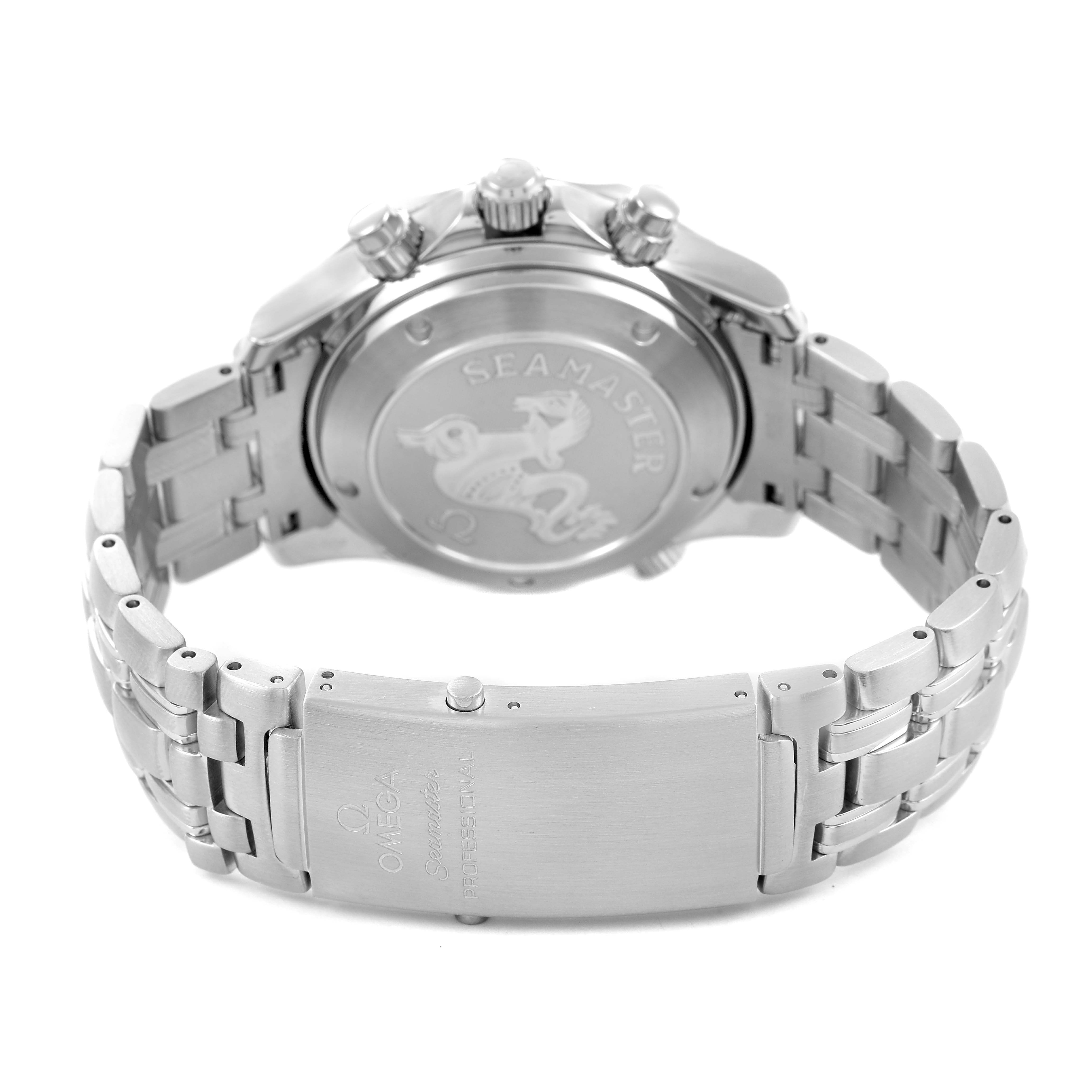 The image shows the back case, bracelet, and clasp of the Omega Seamaster 2225.80.00 Men's Stainless Steel Blue Dial watch from a rear angle.