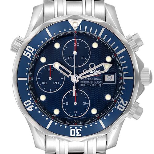 The Omega Seamaster 2225.80.00 Men's Stainless Steel Blue Dial watch is shown from the front, highlighting its dial, bezel, chronograph subdials, and date window.