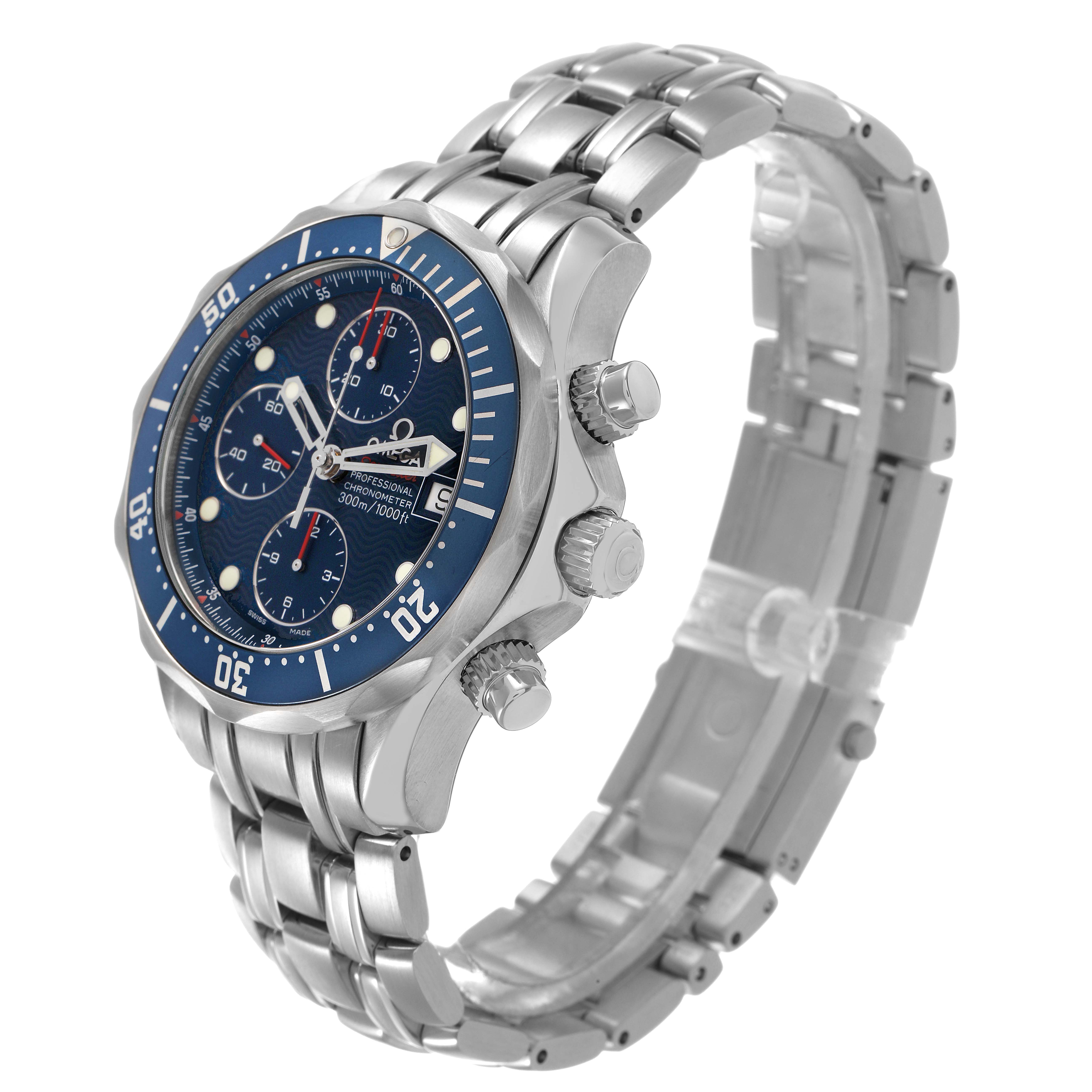 The Omega Seamaster 2225.80.00 Men's Stainless Steel Blue Dial watch is shown at a three-quarter angle highlighting its blue dial, bezel, crown, and stainless steel bracelet.