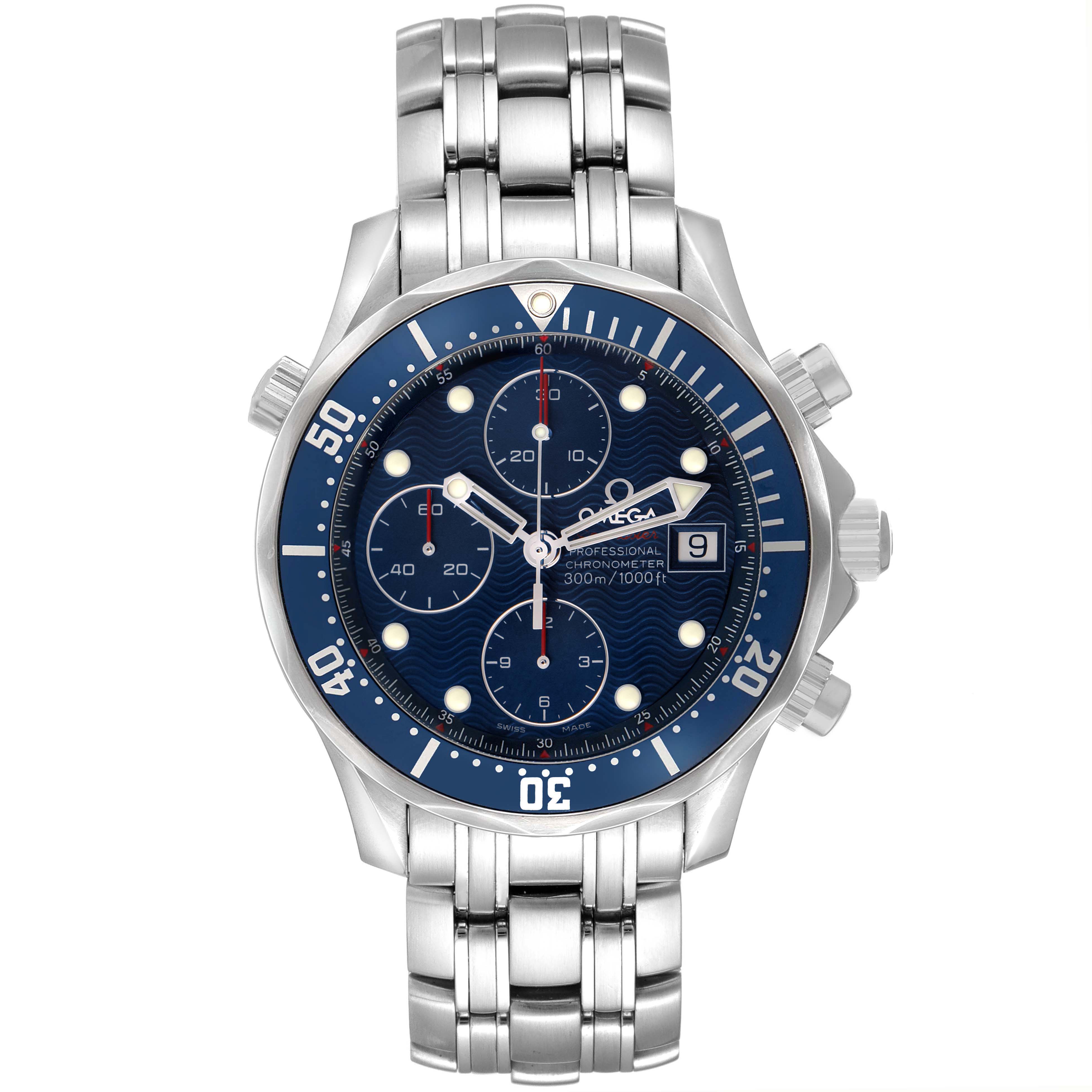 The Omega Seamaster 2225.80.00 Men's Stainless Steel Blue Dial watch is shown from the front, featuring its blue dial, bezel, subdials, and stainless steel bracelet.