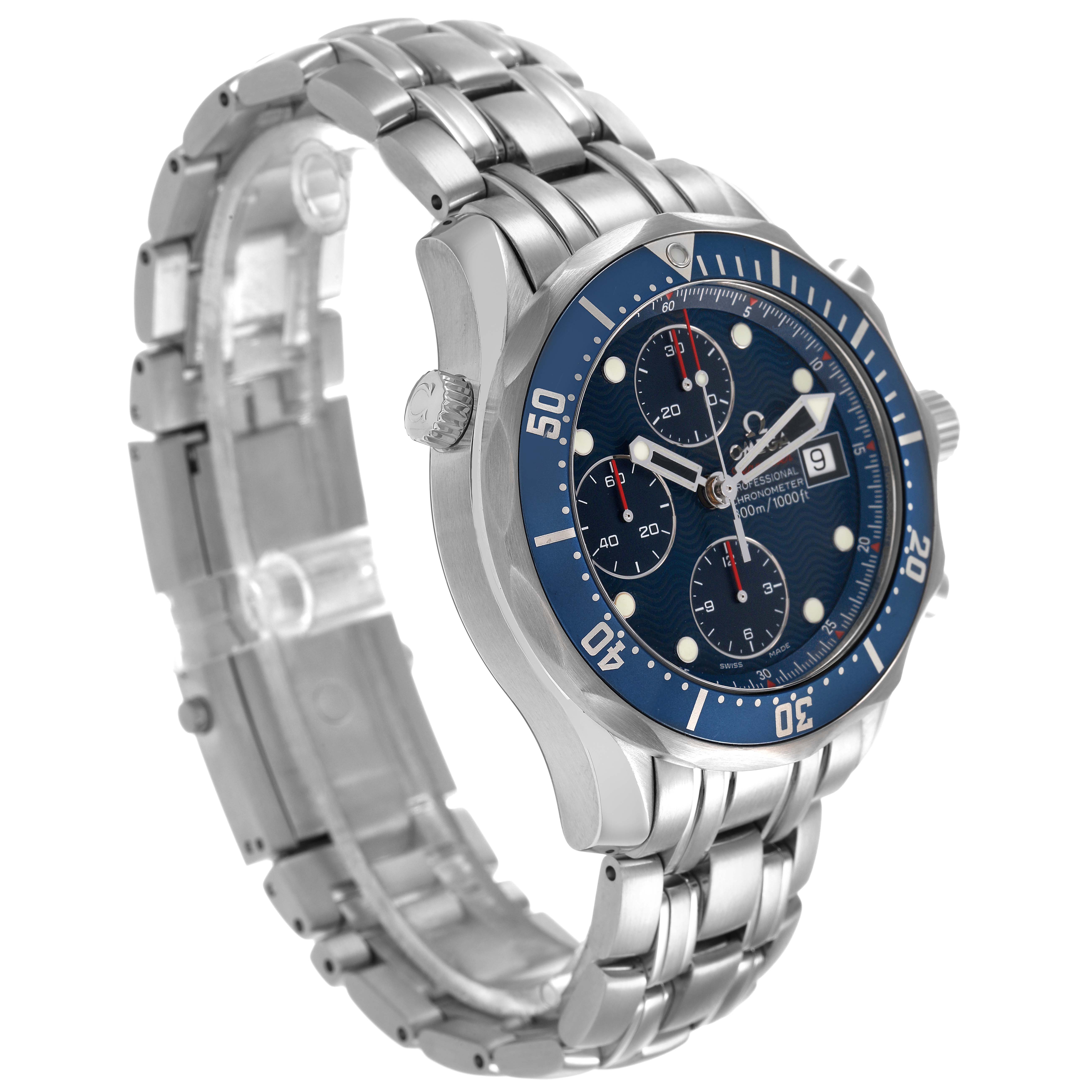 The Omega Seamaster 2225.80.00 Men's Stainless Steel Blue Dial watch is shown at a slight angle, displaying the bracelet, bezel, crown, and dial with subdials.