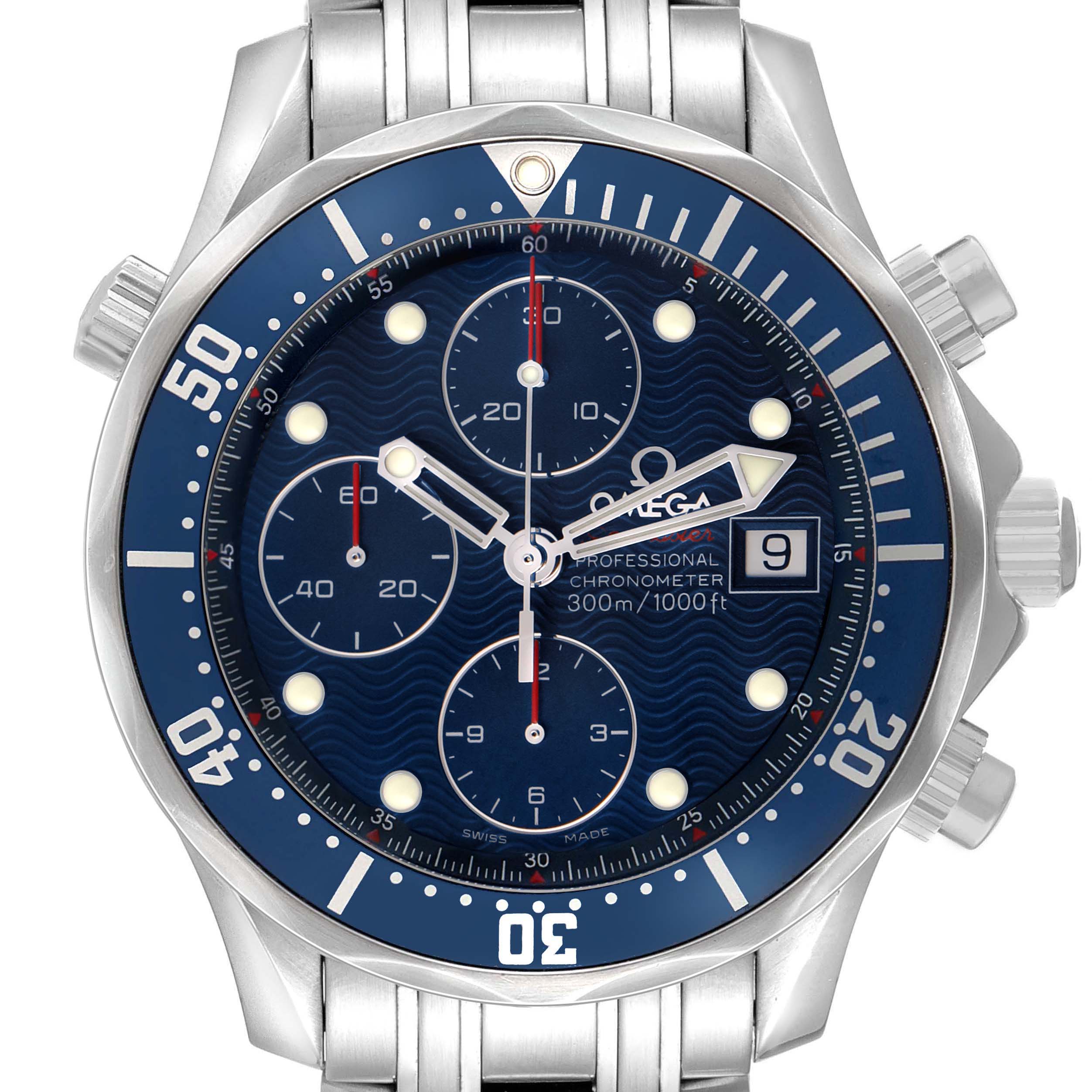 The image shows a front view of the Omega Seamaster 2225.80.00 Men's Stainless Steel Blue Dial watch, highlighting the bezel, dial, and subdials.