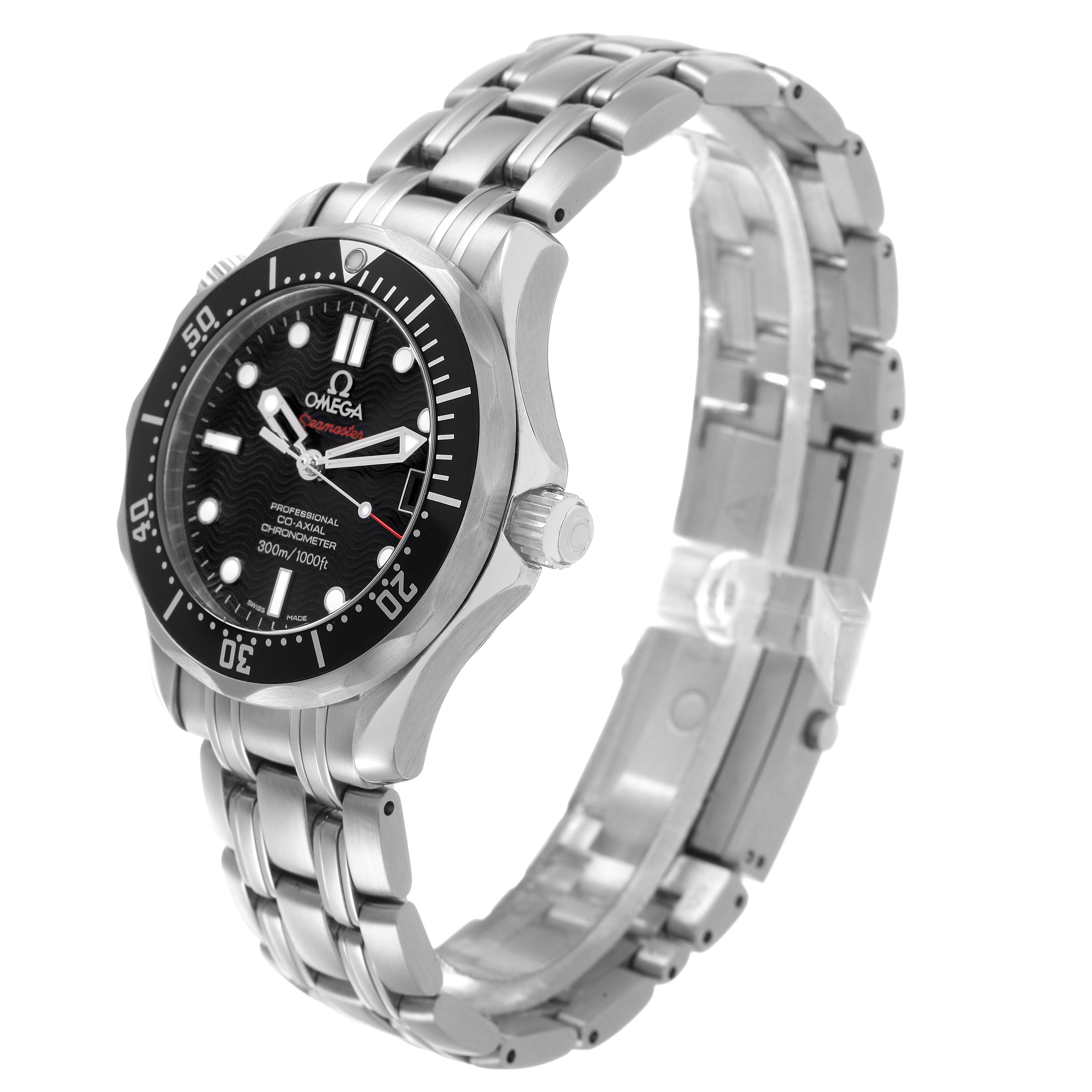 The image shows a side angle of an Omega Seamaster 212.30.36.20.01.001 Men's Stainless Steel Black Dial watch, highlighting the dial, bezel, and bracelet.