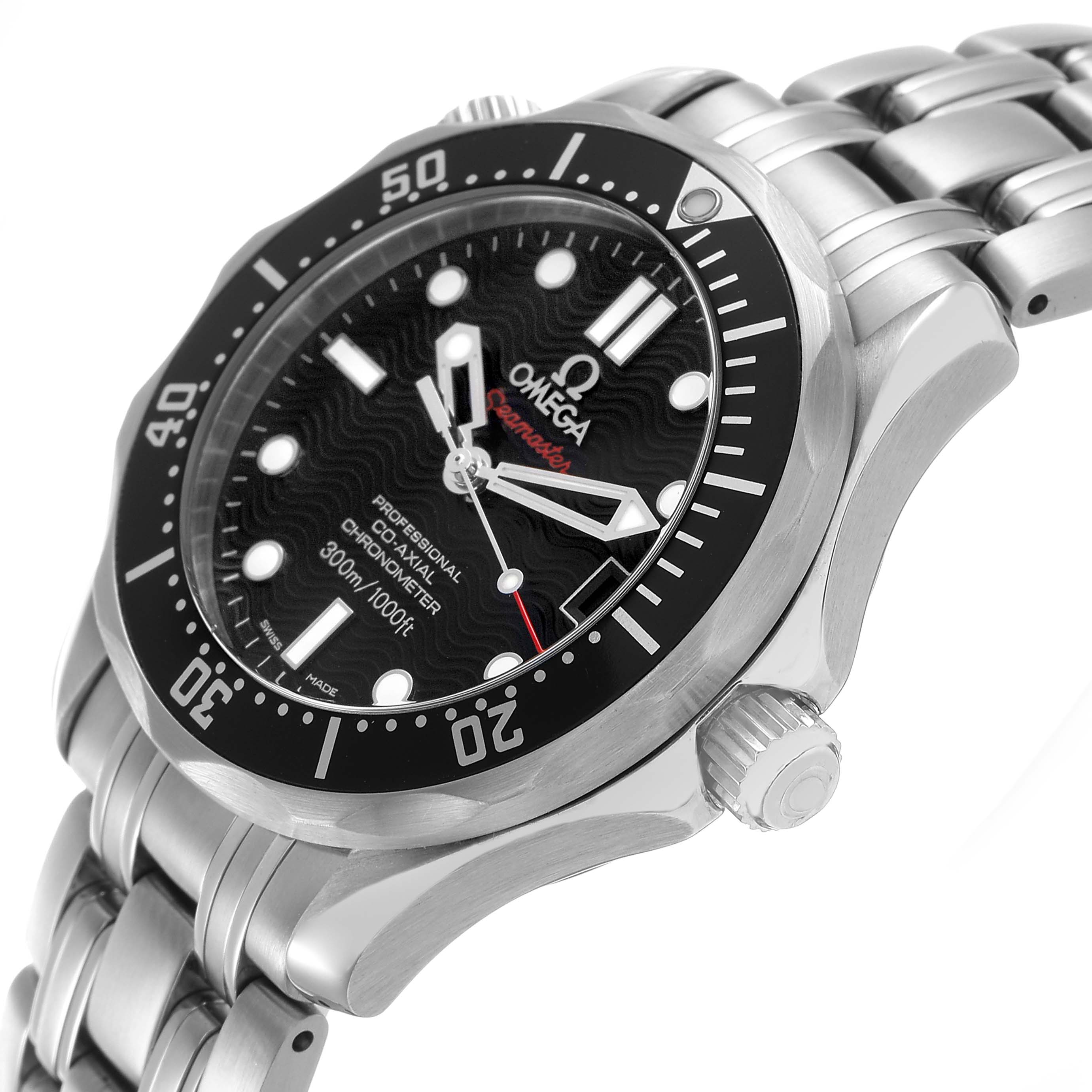 The image shows the Omega Seamaster 212.30.36.20.01.001 Men's Stainless Steel Black Dial from a side angle, highlighting the bezel, crown, and bracelet.