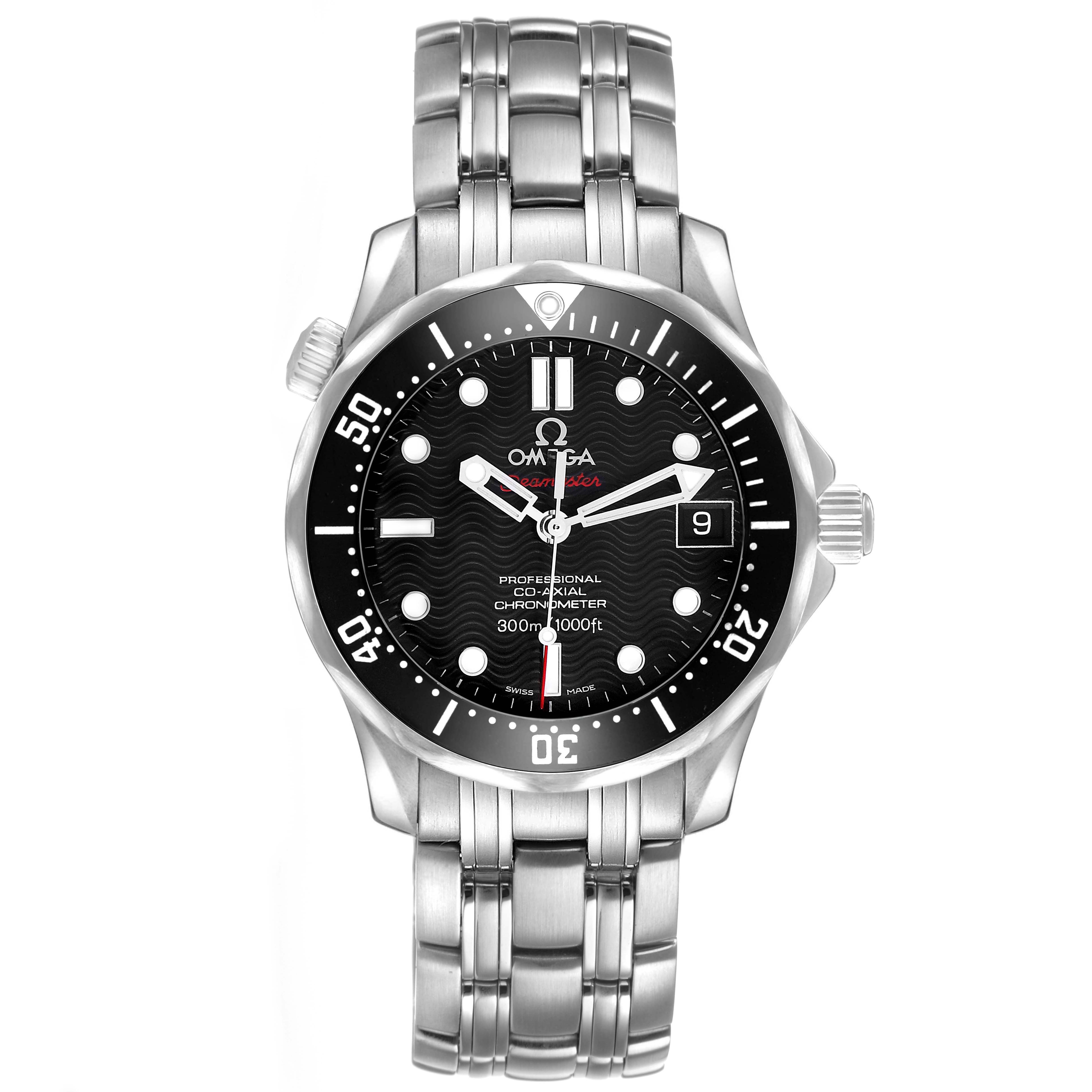 The Omega Seamaster 212.30.36.20.01.001 Men's Stainless Steel Black Dial watch is shown from a top-down angle, featuring the dial, bezel, crown, and bracelet.