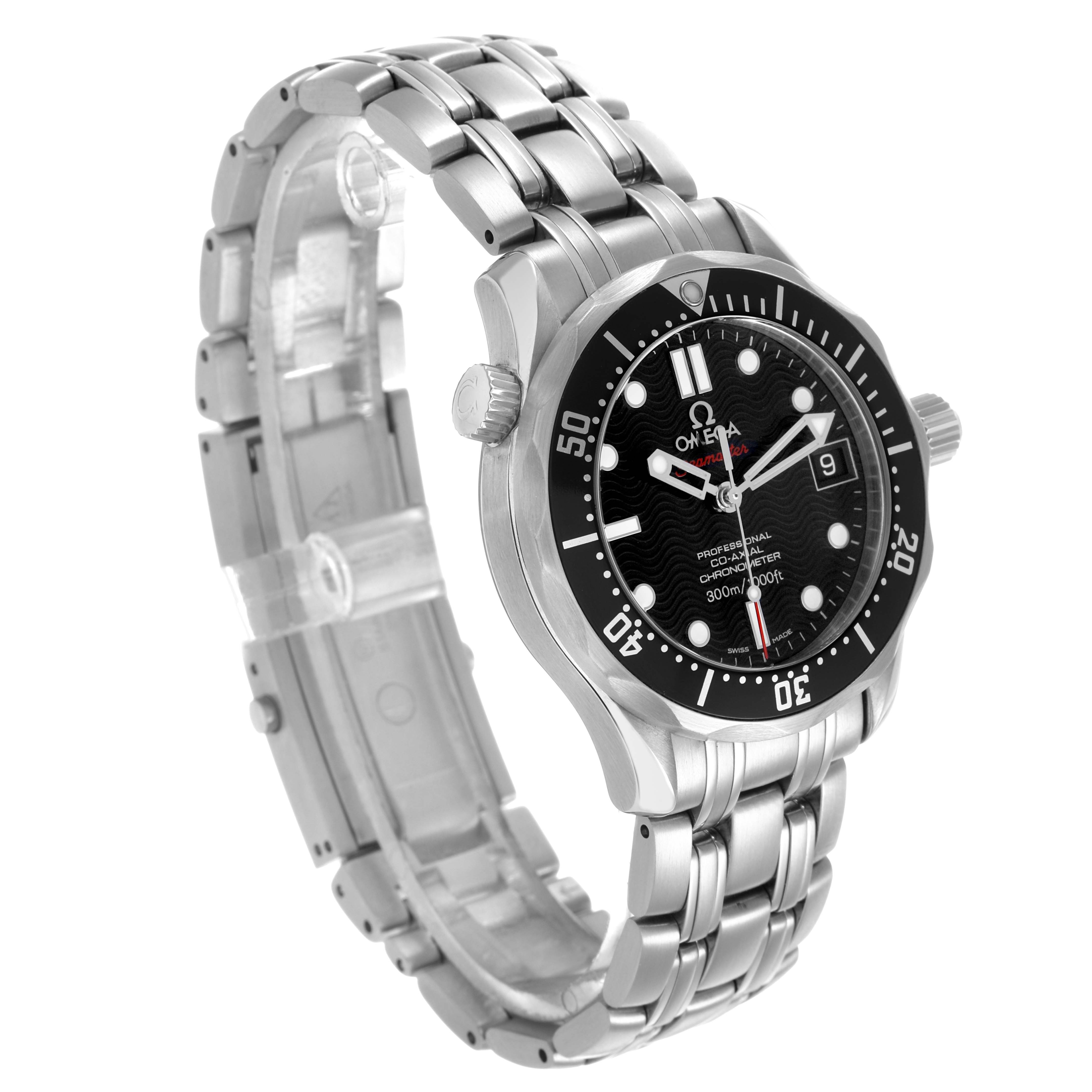 The Omega Seamaster 212.30.36.20.01.001 Men's Stainless Steel Black Dial is shown at a 3/4 angle, highlighting its face, bezel, crown, and metal bracelet.
