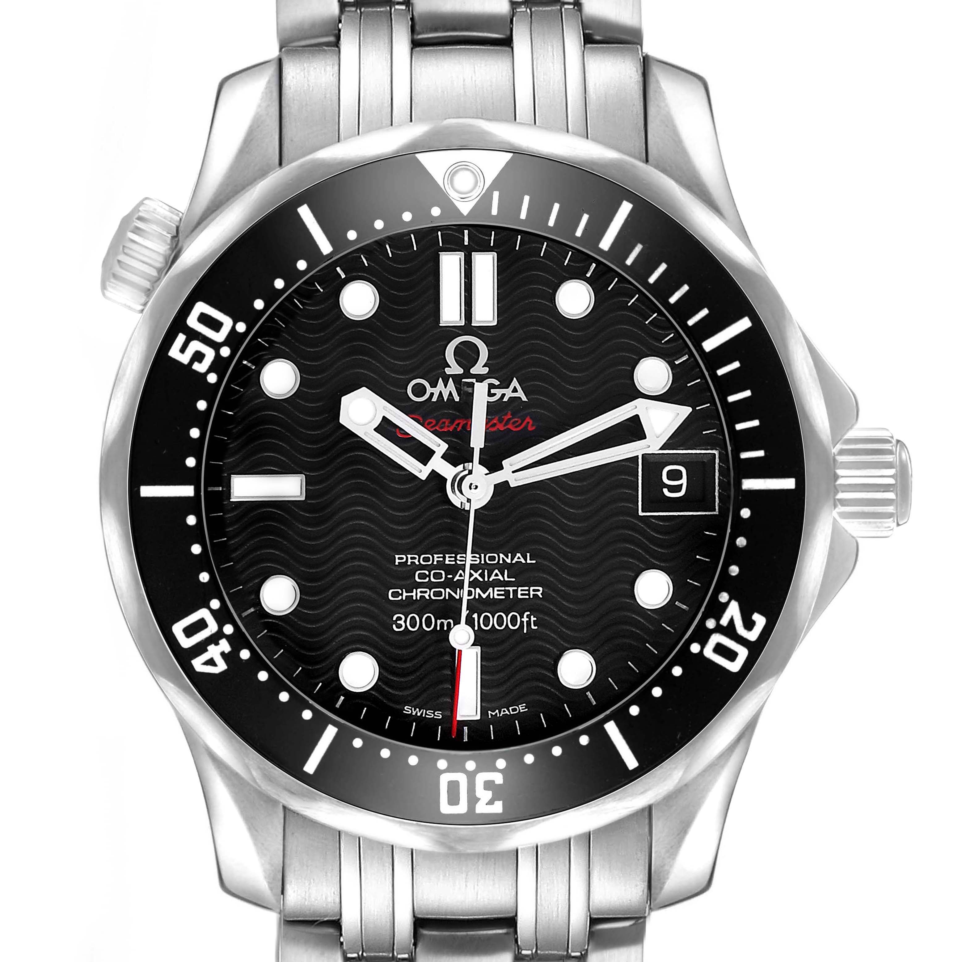 The Omega Seamaster 212.30.36.20.01.001 Men's Stainless Steel Black Dial watch is shown from a front angle, highlighting the face, bezel, crown, and stainless steel bracelet.