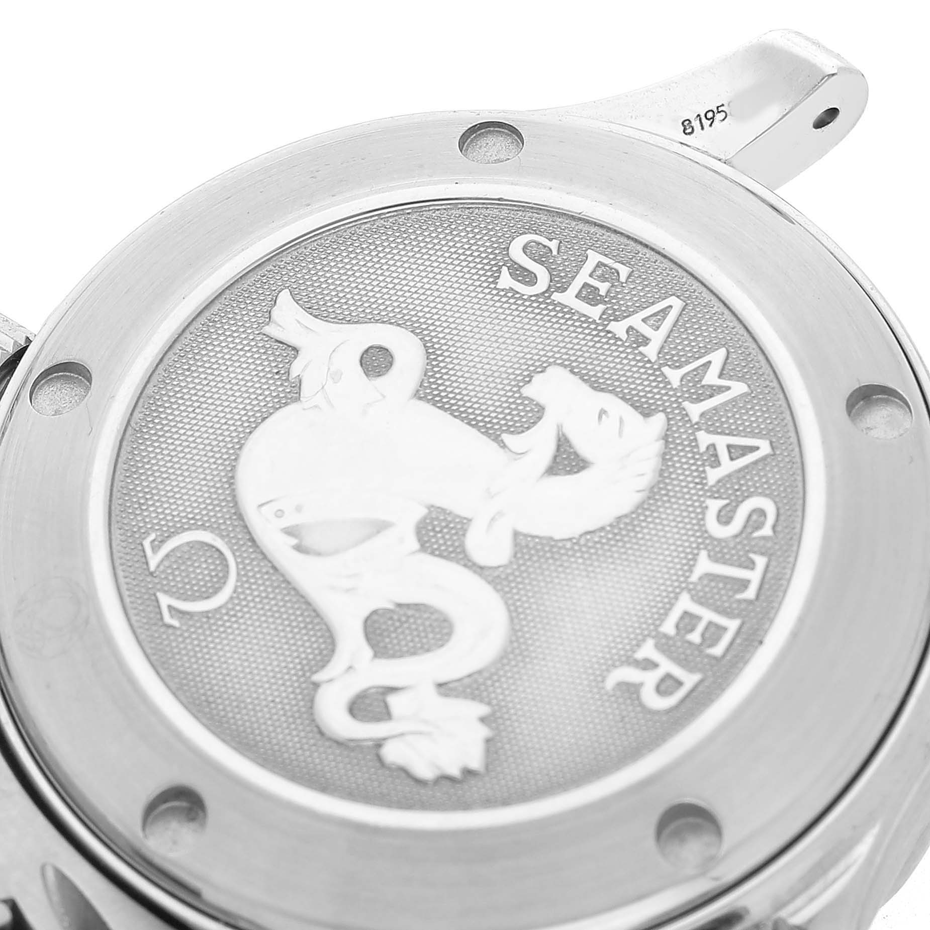 The image shows the case back of an Omega Seamaster 212.30.36.20.01.001 Men's Stainless Steel Black Dial, featuring its emblem and engraved text.