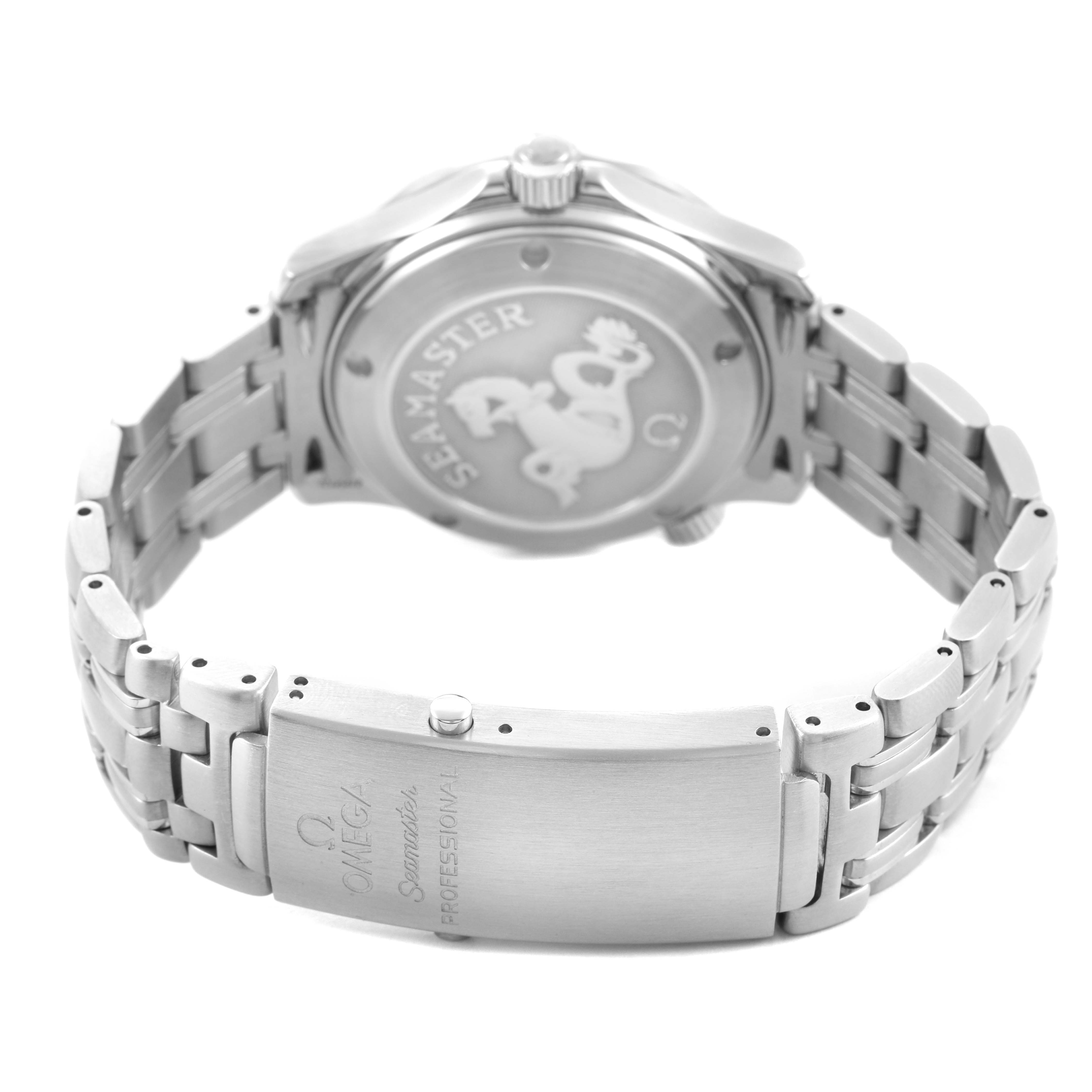 The image shows the back and bracelet of an Omega Seamaster 212.30.36.20.01.001 Men's Stainless Steel Black Dial watch, highlighting the clasp and case back engraving.