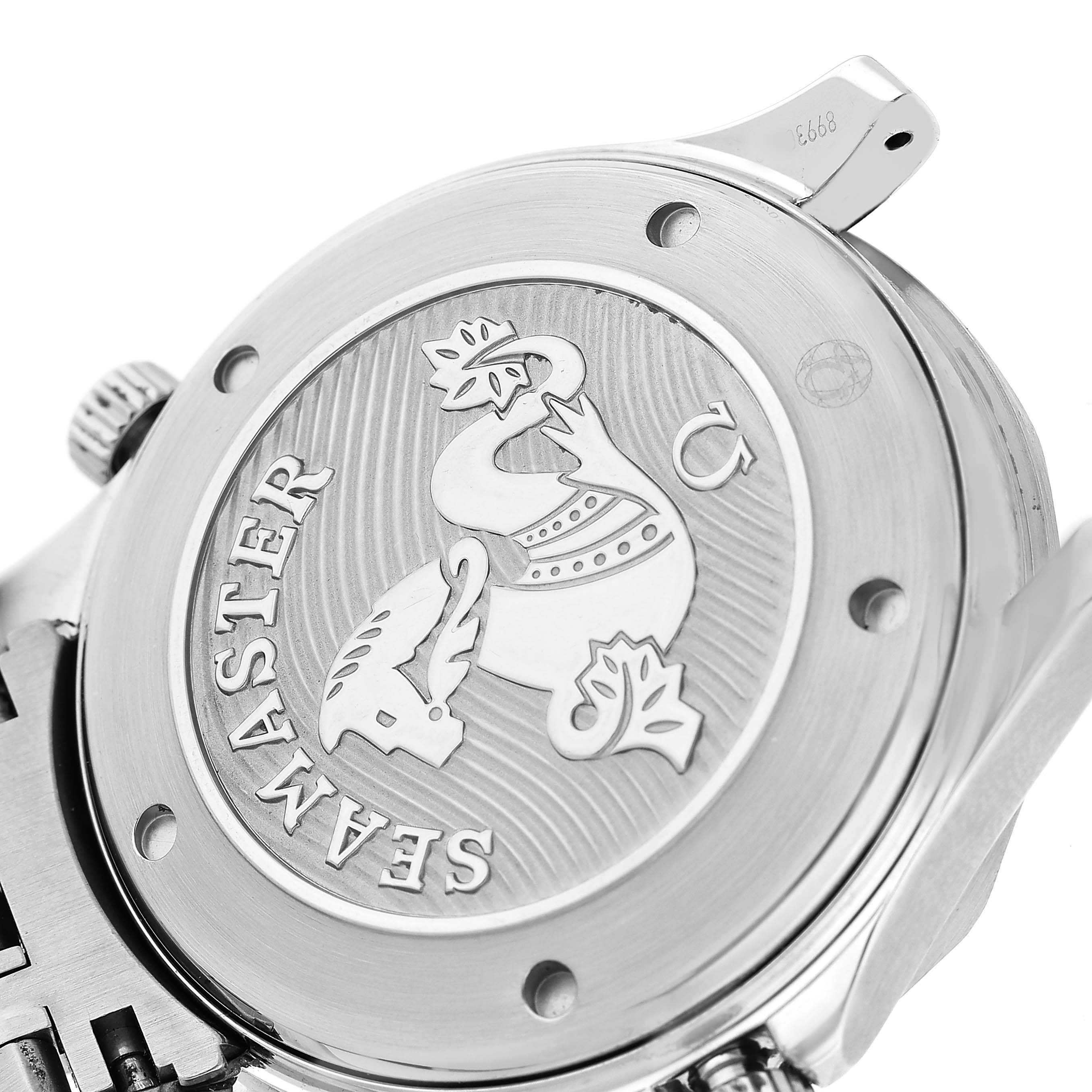 The image shows the back case of an Omega Seamaster 212.30.41.20.03.001 Men's Stainless Steel Blue Dial watch, featuring its embossed emblem and surrounding screws.