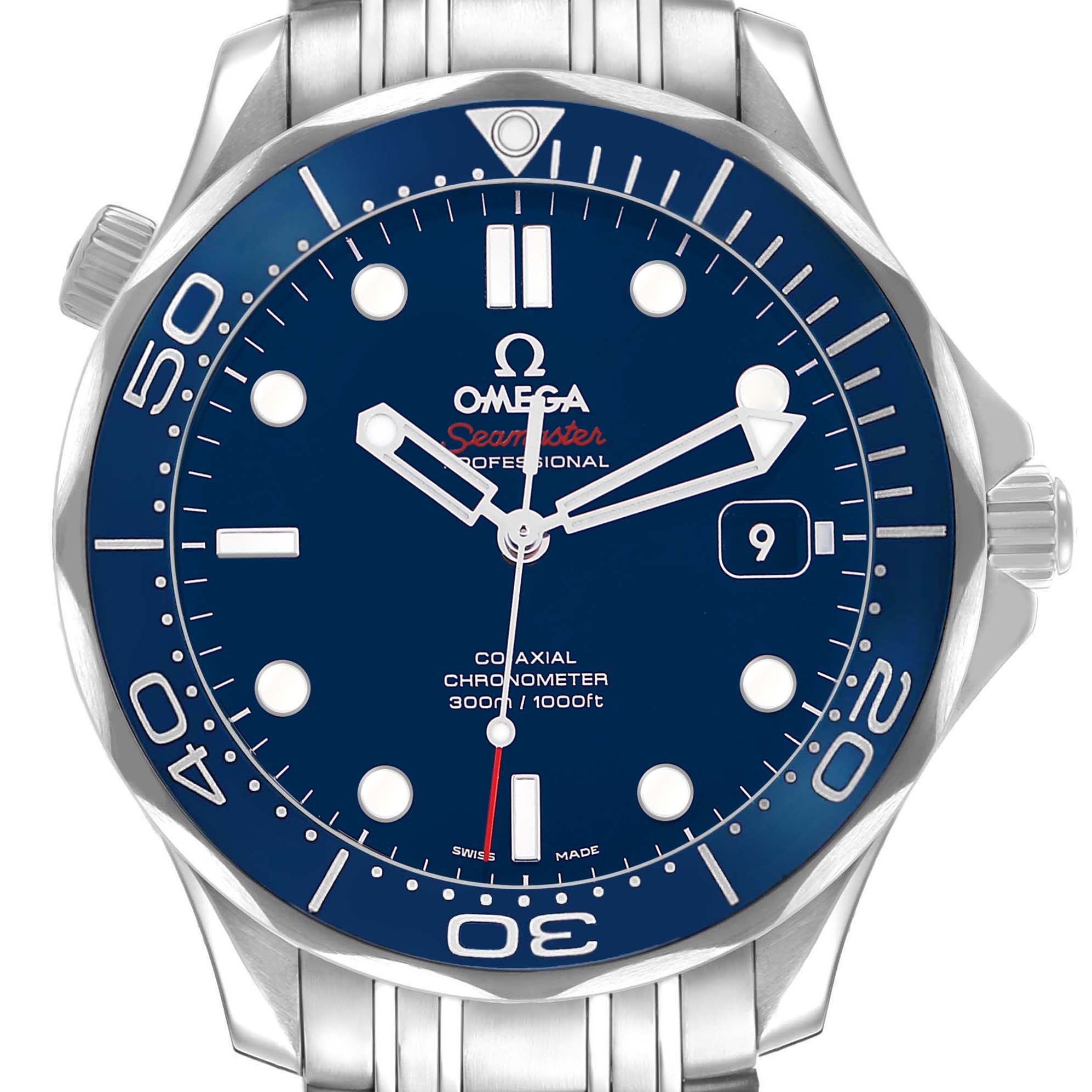 The image shows a front view of the Omega Seamaster 212.30.41.20.03.001 Men's Stainless Steel Blue Dial, highlighting the dial, hands, bezel, date window, and bracelet.
