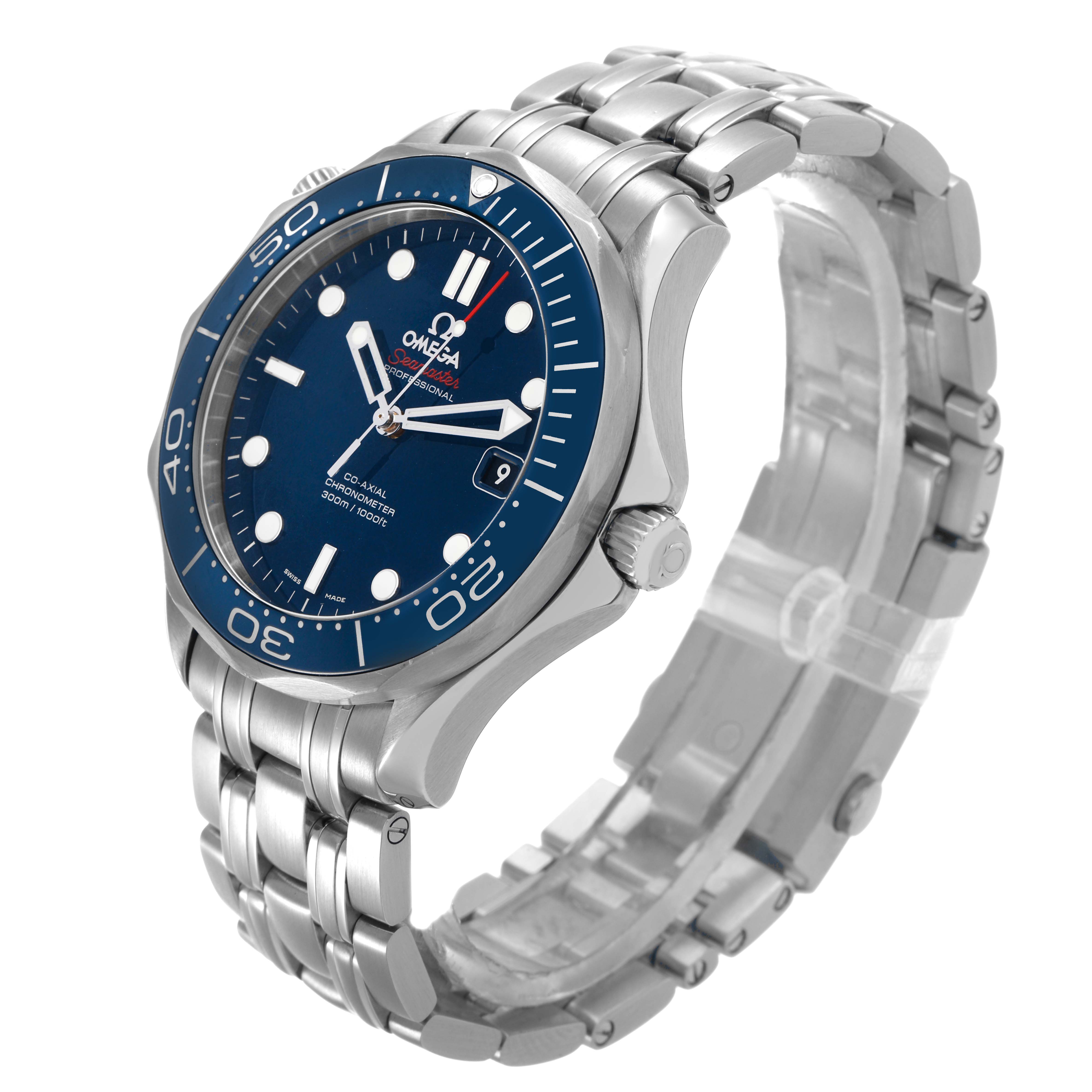 The Omega Seamaster 212.30.41.20.03.001 Men's Stainless Steel Blue Dial watch is shown at a slight side angle, featuring its bezel, dial, crown, and stainless steel bracelet.