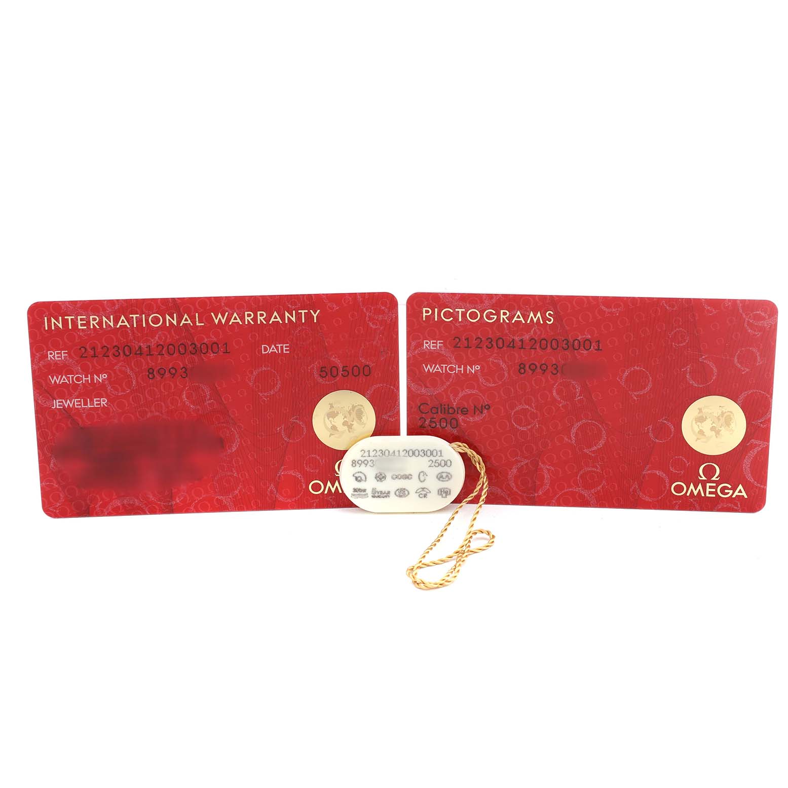 The image shows the warranty and pictogram cards for the Omega Seamaster 212.30.41.20.03.001 Men's Stainless Steel Blue Dial watch, alongside its tag.