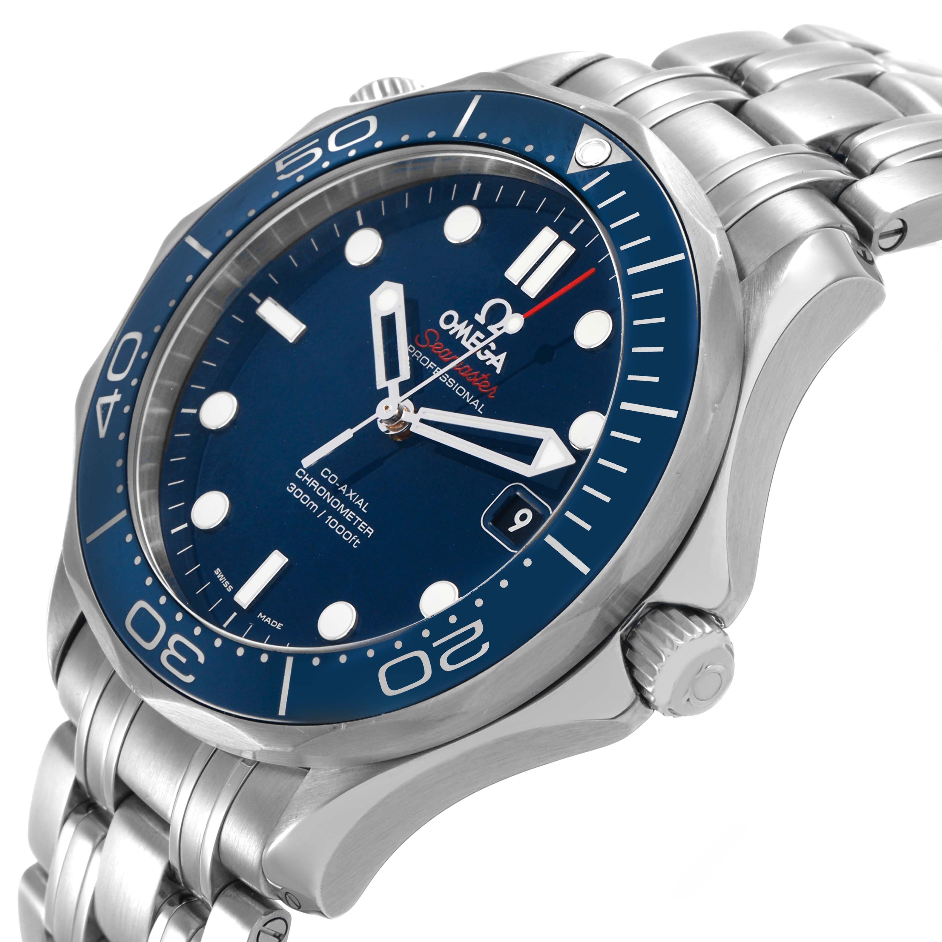 The Omega Seamaster 212.30.41.20.03.001 Men's Stainless Steel Blue Dial watch is shown at a slight angle, displaying the face, bezel, and part of the bracelet and crown.