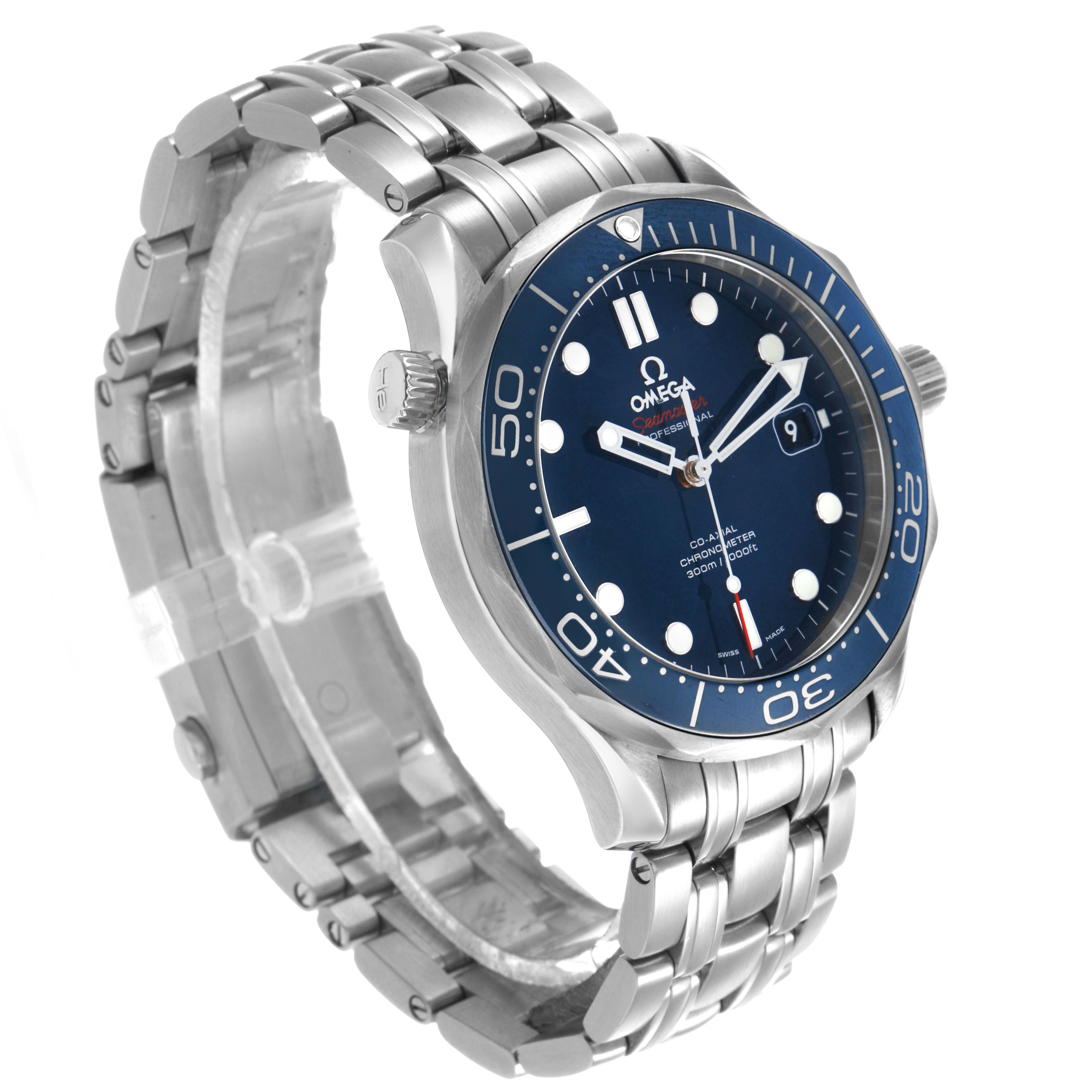 The Omega Seamaster 212.30.41.20.03.001 Men's Stainless Steel Blue Dial watch is shown at a three-quarter angle, highlighting the bezel, face, bracelet, and crown.
