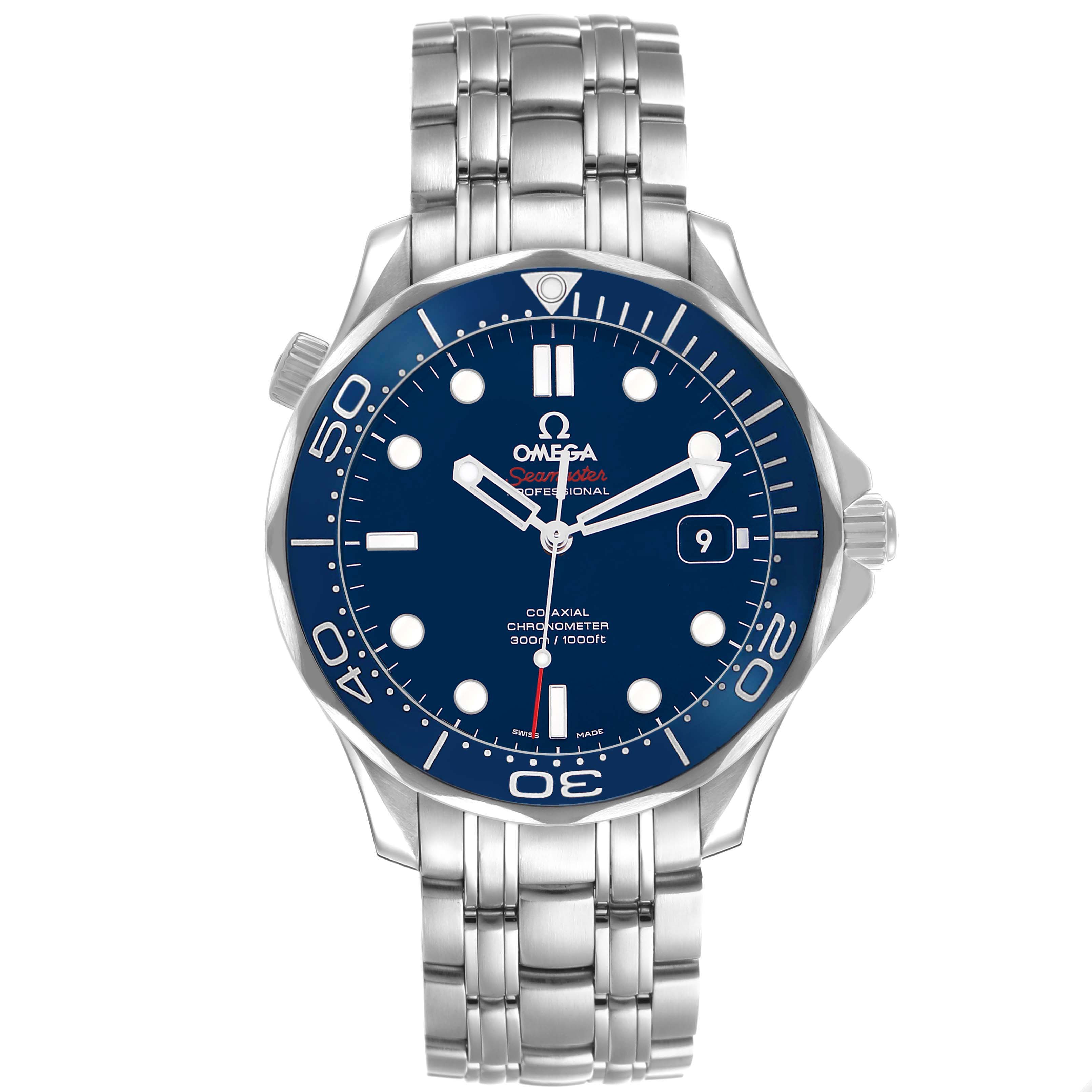 The image shows a front view of the Omega Seamaster 212.30.41.20.03.001 Men's Stainless Steel Blue Dial watch, highlighting the dial, bezel, and bracelet.