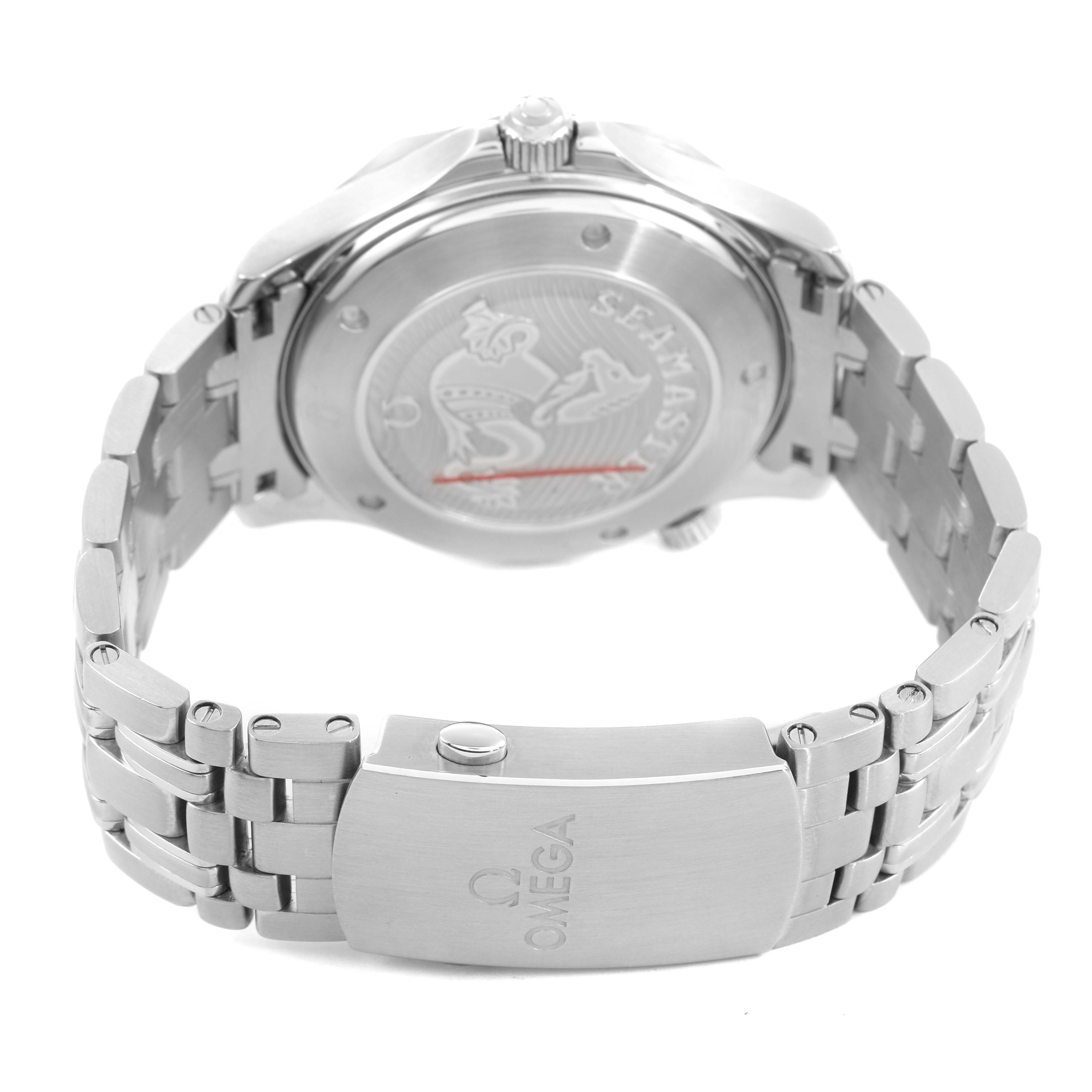 The image shows the back view of an Omega Seamaster 212.30.41.20.03.001 Men's Stainless Steel Blue Dial watch, highlighting the case back and stainless steel bracelet with the clasp.