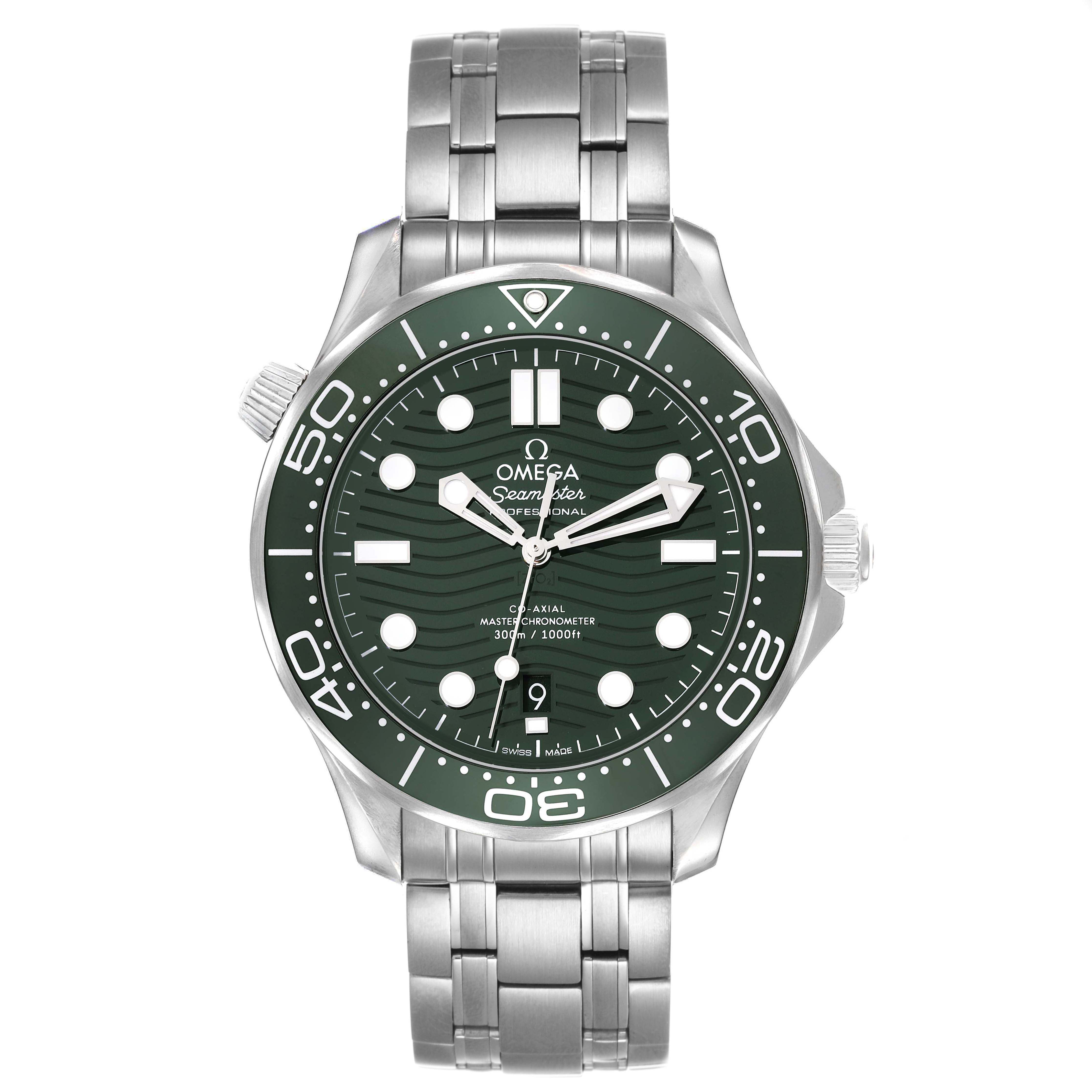 The Omega Seamaster 210.32.42.20.10.001 Men's Stainless Steel Green Dial watch is shown from a front angle, highlighting the dial, bezel, crown, and bracelet.