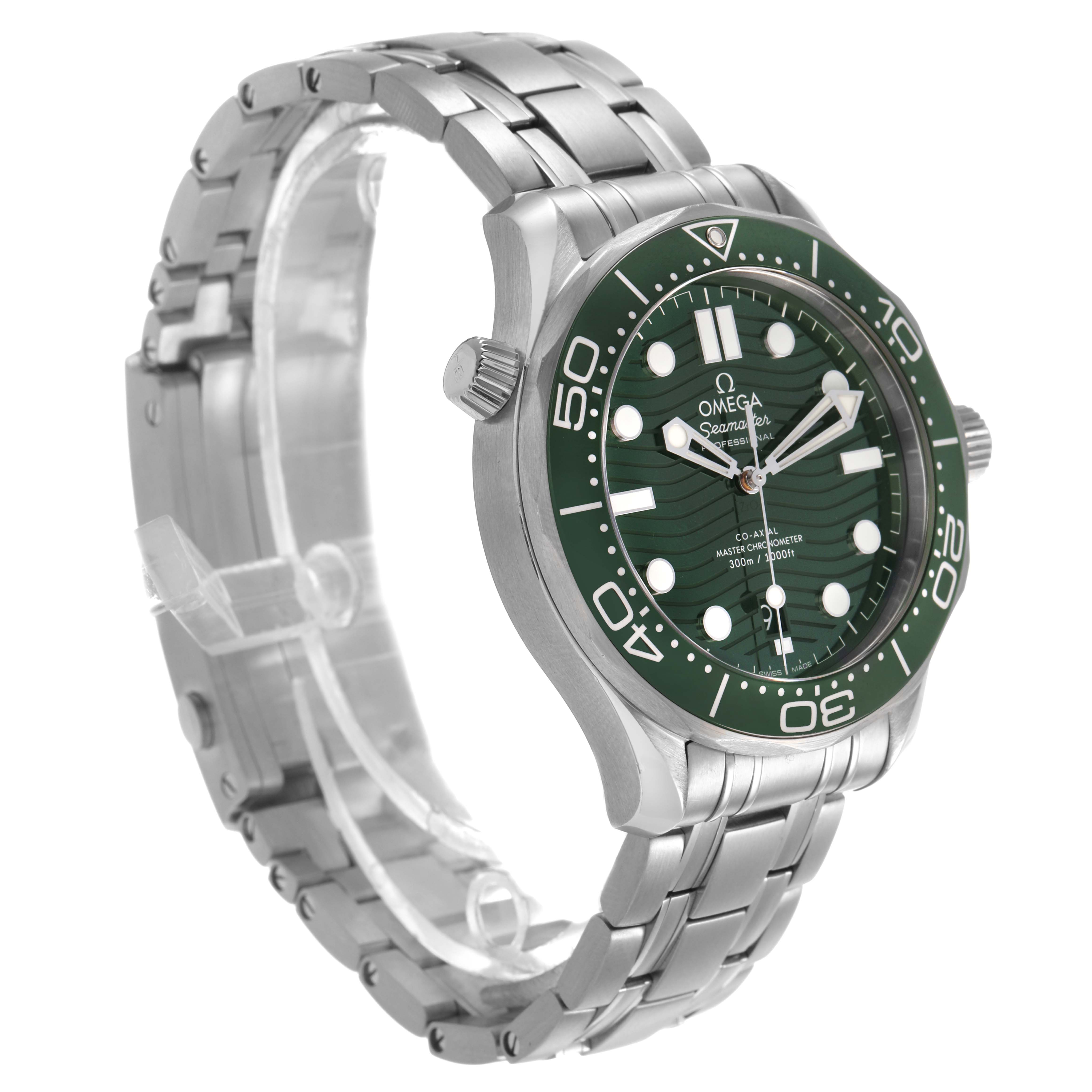 The Omega Seamaster 210.32.42.20.10.001 Men's Stainless Steel Green Dial watch is shown at a three-quarter angle, highlighting the green dial, bezel, and stainless steel bracelet.