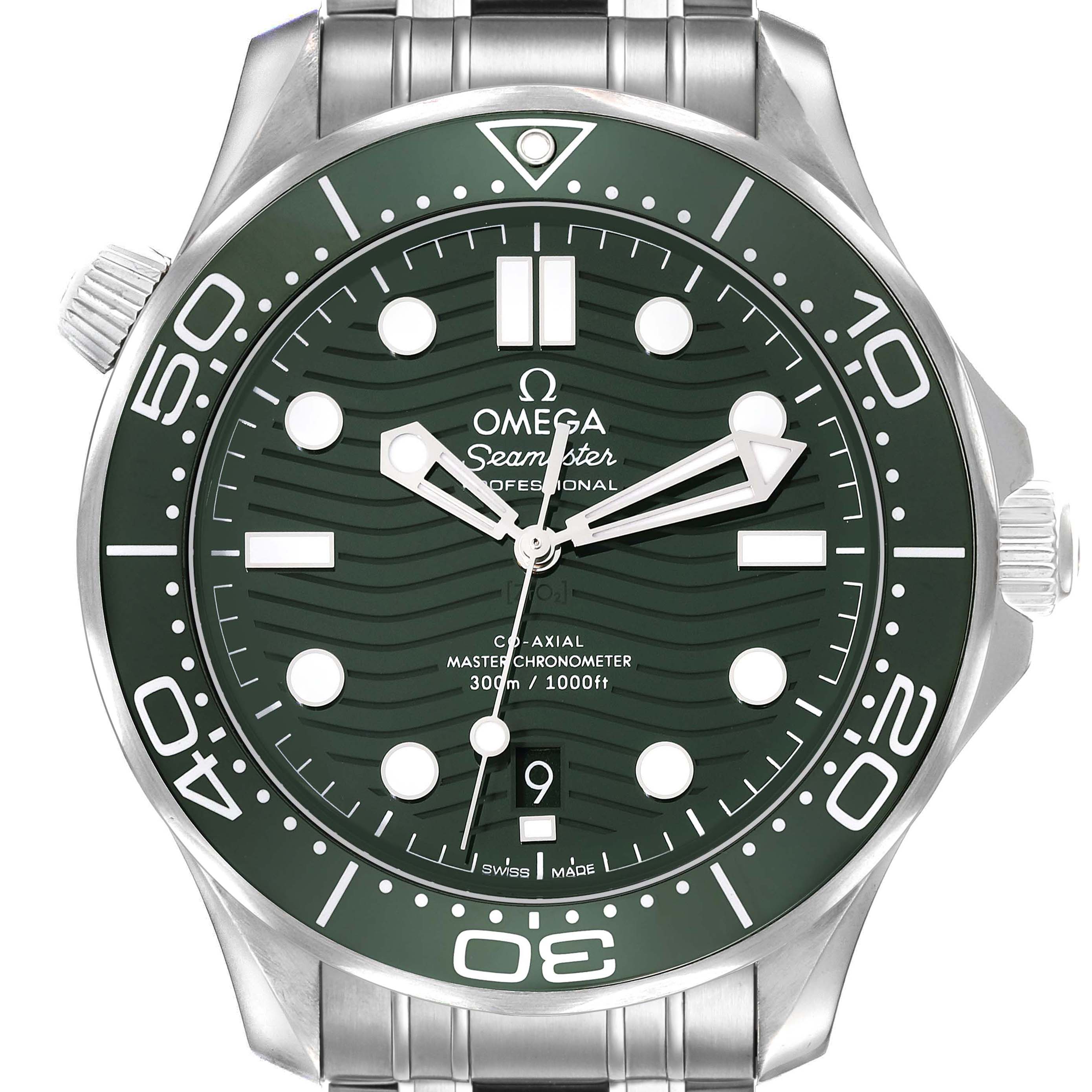 The image shows a front view of the Omega Seamaster 210.32.42.20.10.001 Men's Stainless Steel Green Dial watch, highlighting its green dial, bezel, and stainless steel bracelet.