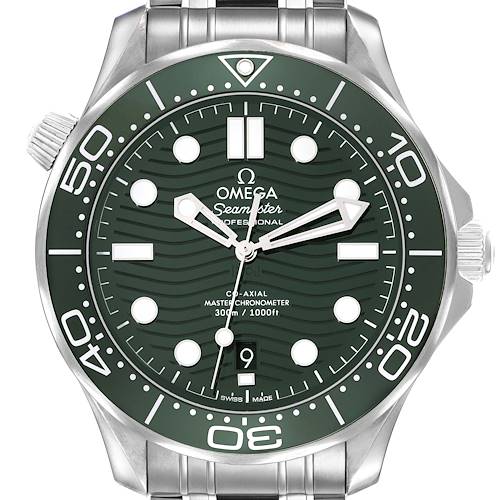 The Omega Seamaster 210.32.42.20.10.001 Men's Stainless Steel Green Dial watch is shown from a top-down angle, displaying the full face, bezel, and part of the bracelet.