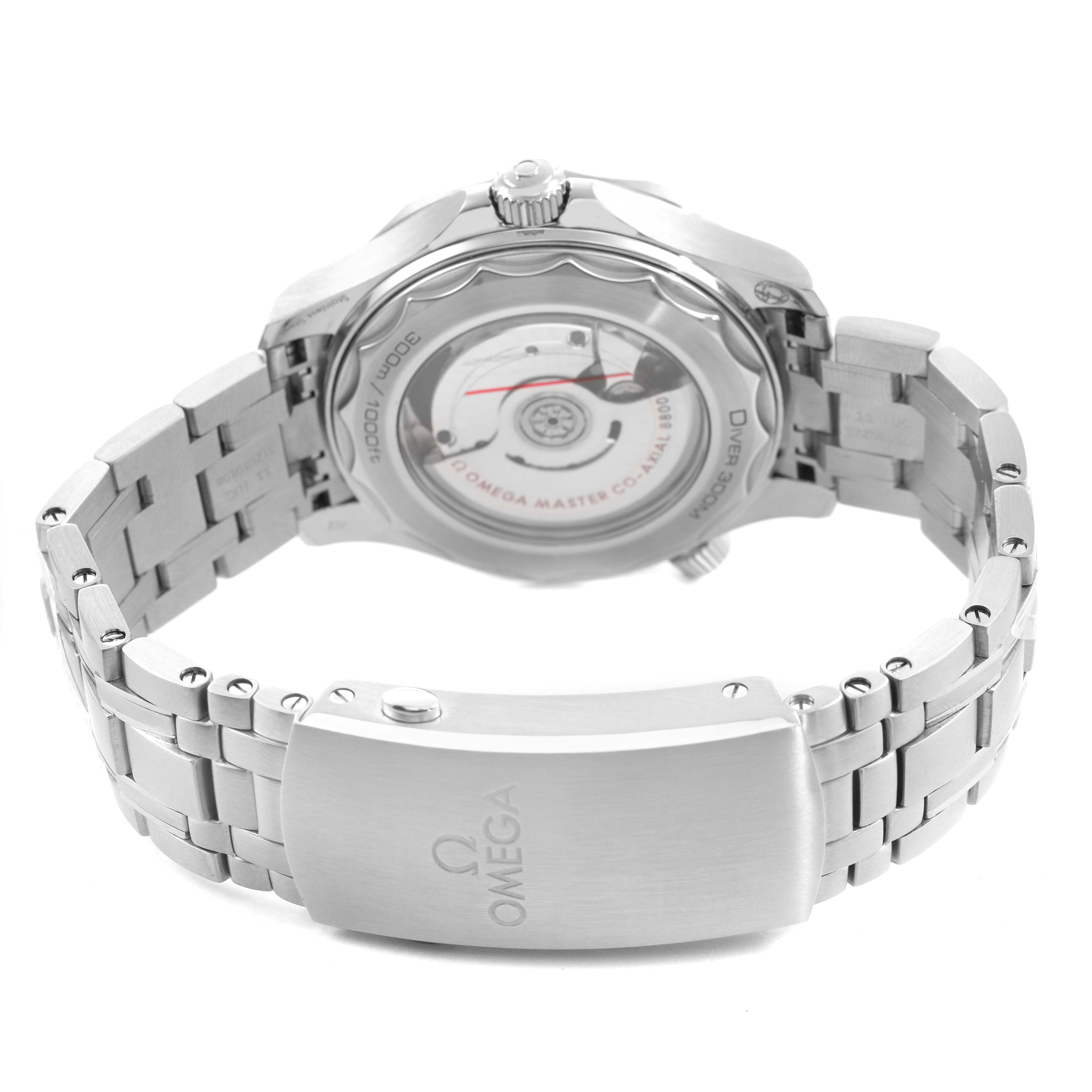 The image shows the back of the Omega Seamaster 210.32.42.20.10.001 Men's Stainless Steel Green Dial watch, highlighting the movement and bracelet clasp.