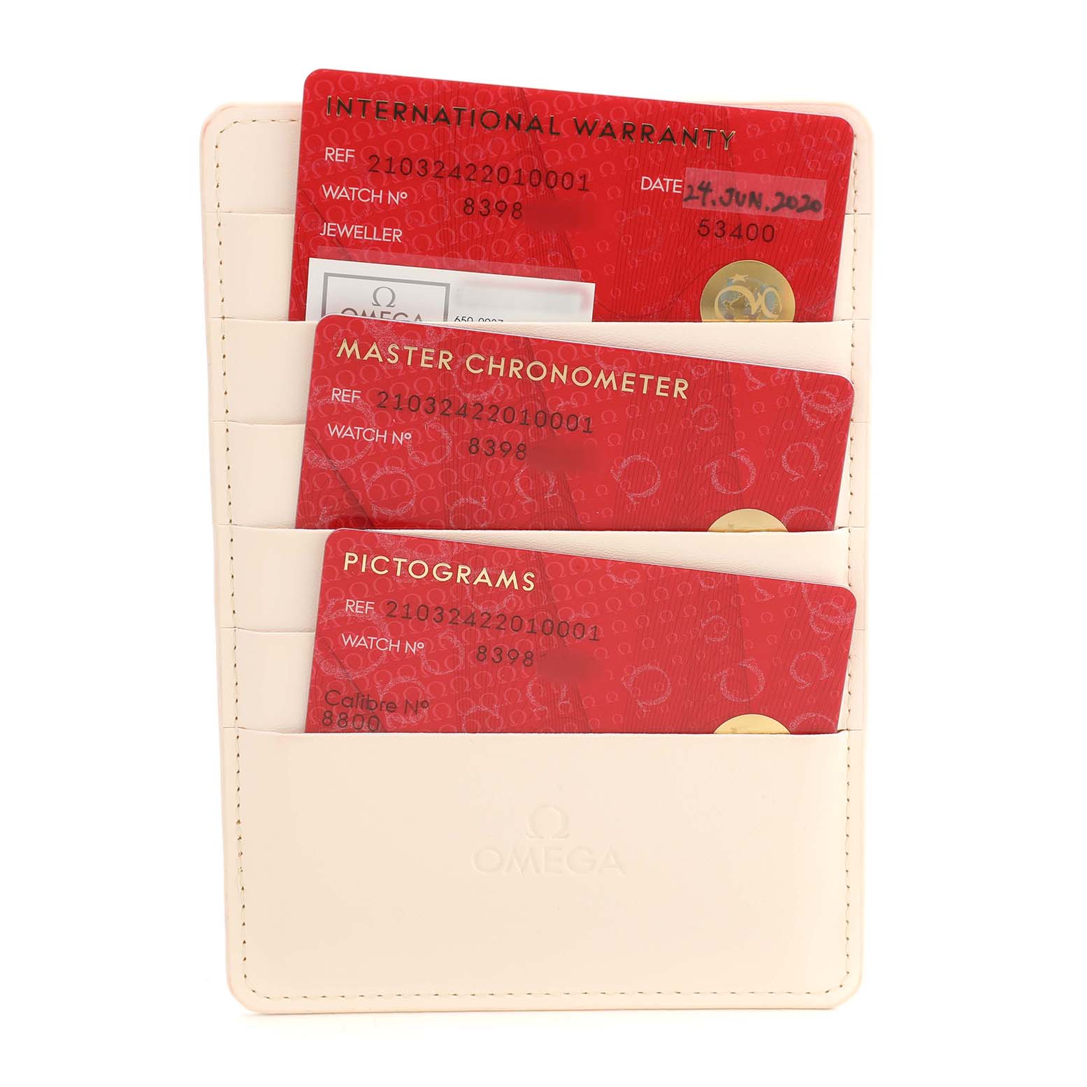 The image shows three cards in a holder: International Warranty, Master Chronometer, and Pictograms for an Omega Seamaster 210.32.42.20.10.001 Men's Stainless Steel Green Dial.
