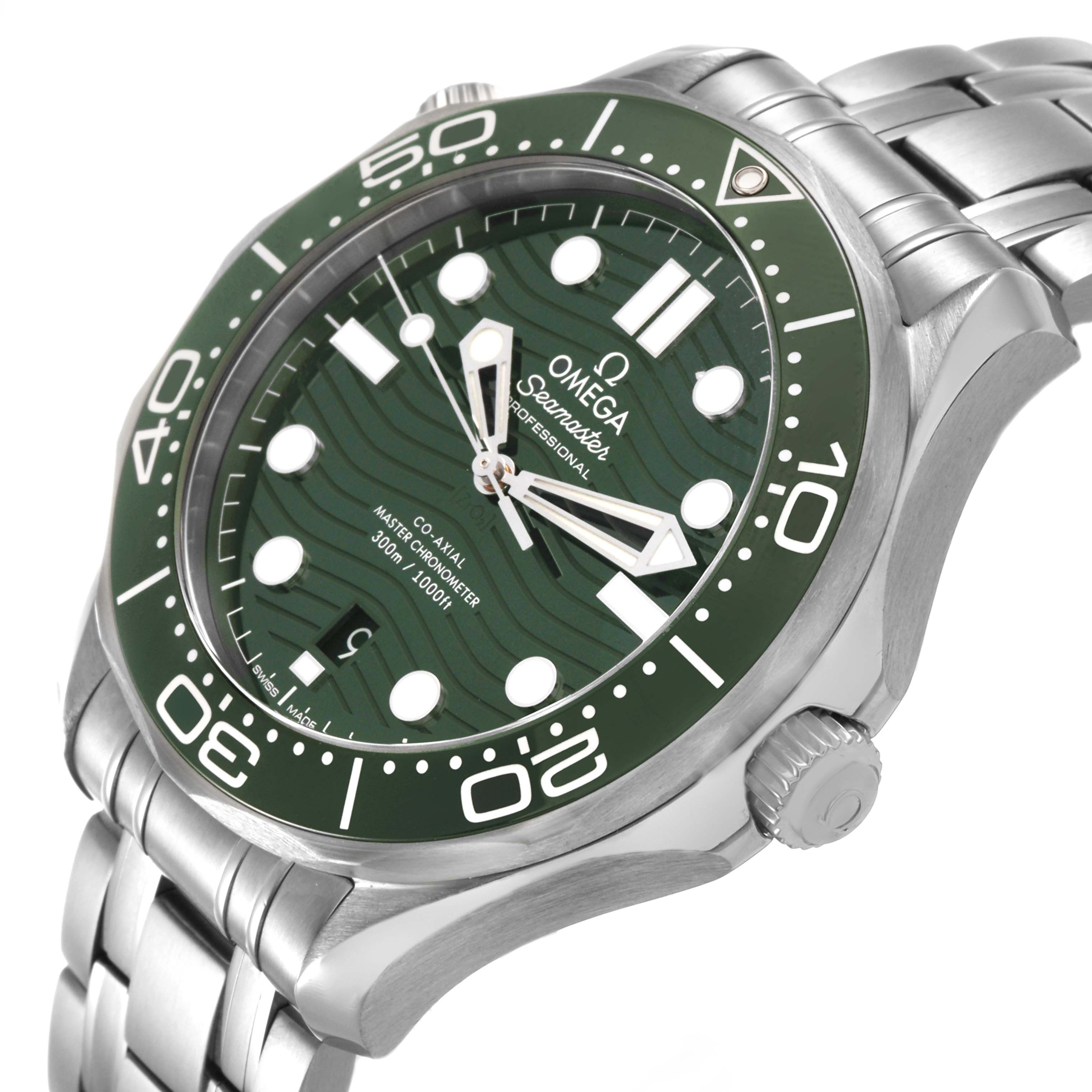 The Omega Seamaster 210.32.42.20.10.001 Men's Stainless Steel Green Dial watch is shown at an angled view, highlighting its green bezel, dial, and stainless steel bracelet.