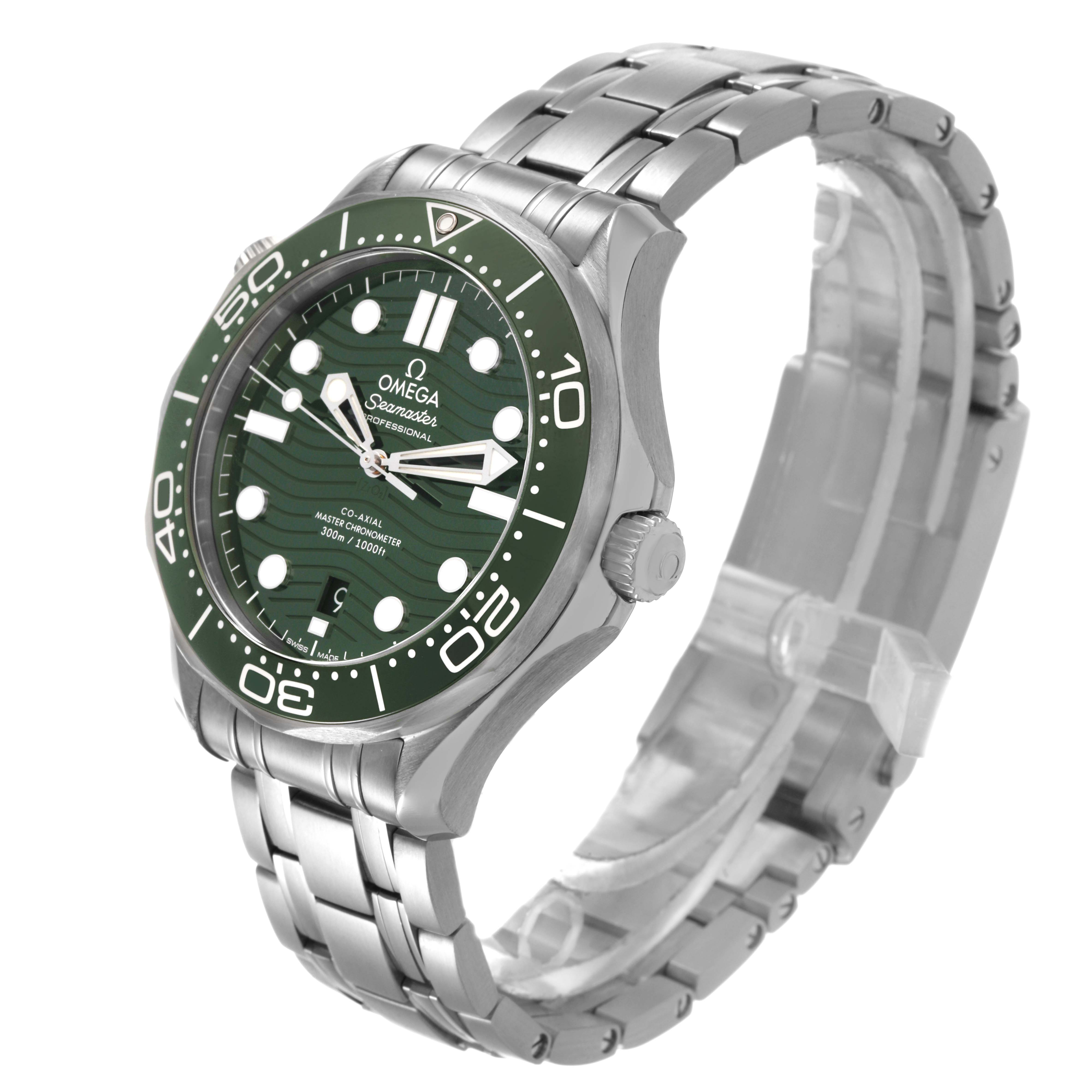 The Omega Seamaster 210.32.42.20.10.001 Men's Stainless Steel Green Dial watch is shown at a slight angle, displaying the face, bezel, crown, and metal bracelet prominently.