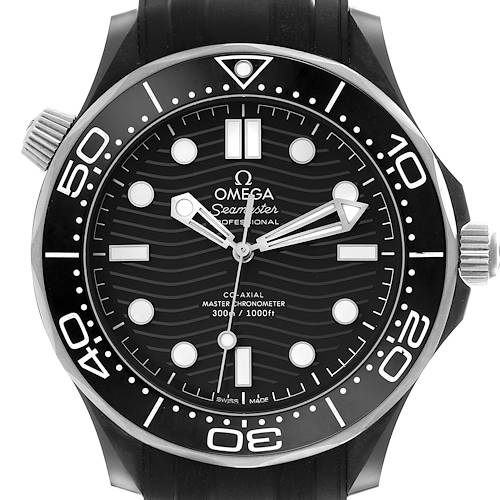 The image shows a front view of an Omega Seamaster watch, displaying its dial, hands, bezel, and crown.