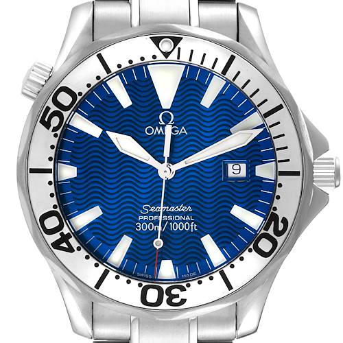 The image shows a front view of the Omega Seamaster watch, highlighting the blue dial, bezel, and stainless steel strap.