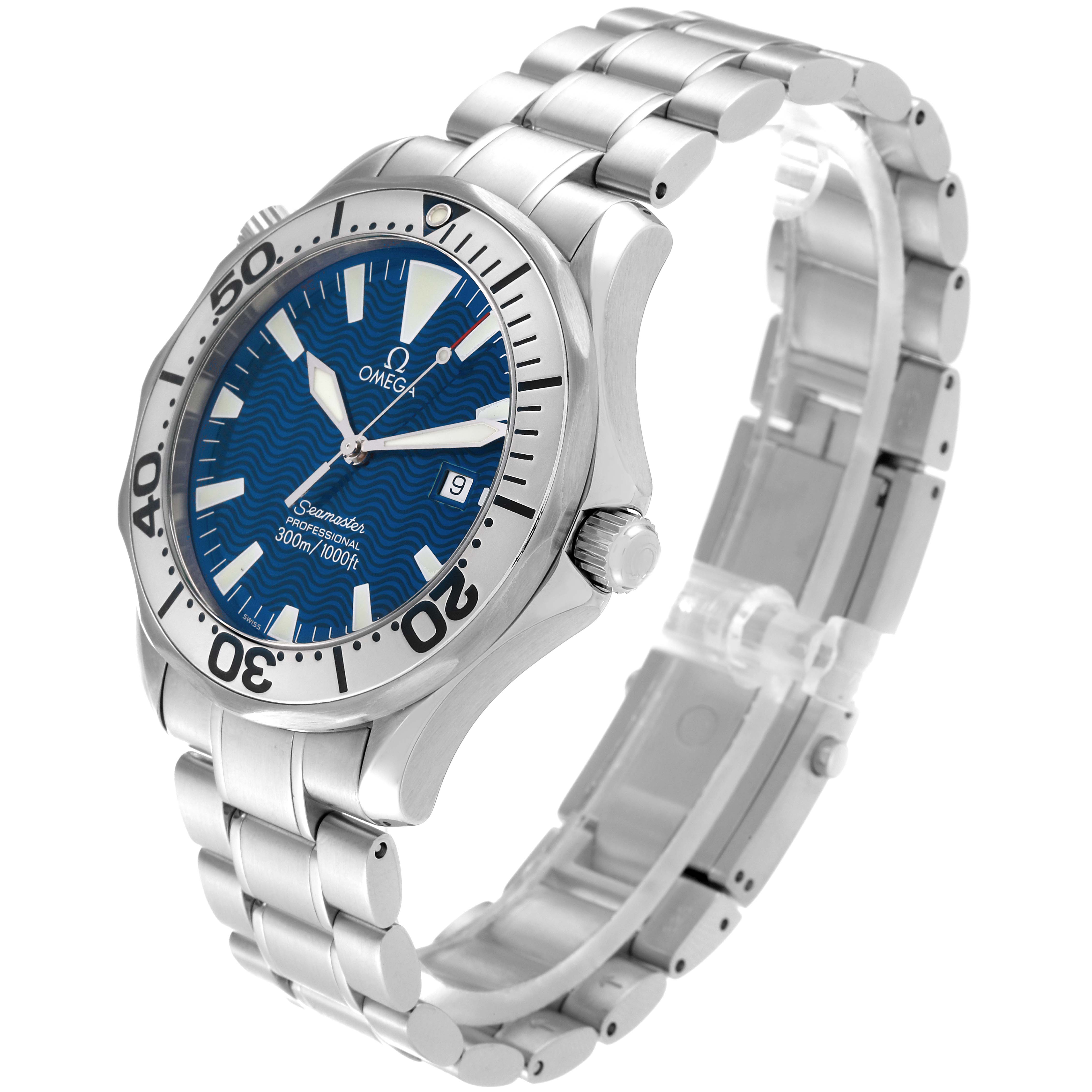 The Omega Seamaster 63020 Men
s Stainless Steel Blue Dial 63020 Men
s Stainless Steel Blue Dial watch is shown at a three-quarter angle, highlighting its face, bezel, and metallic bracelet.