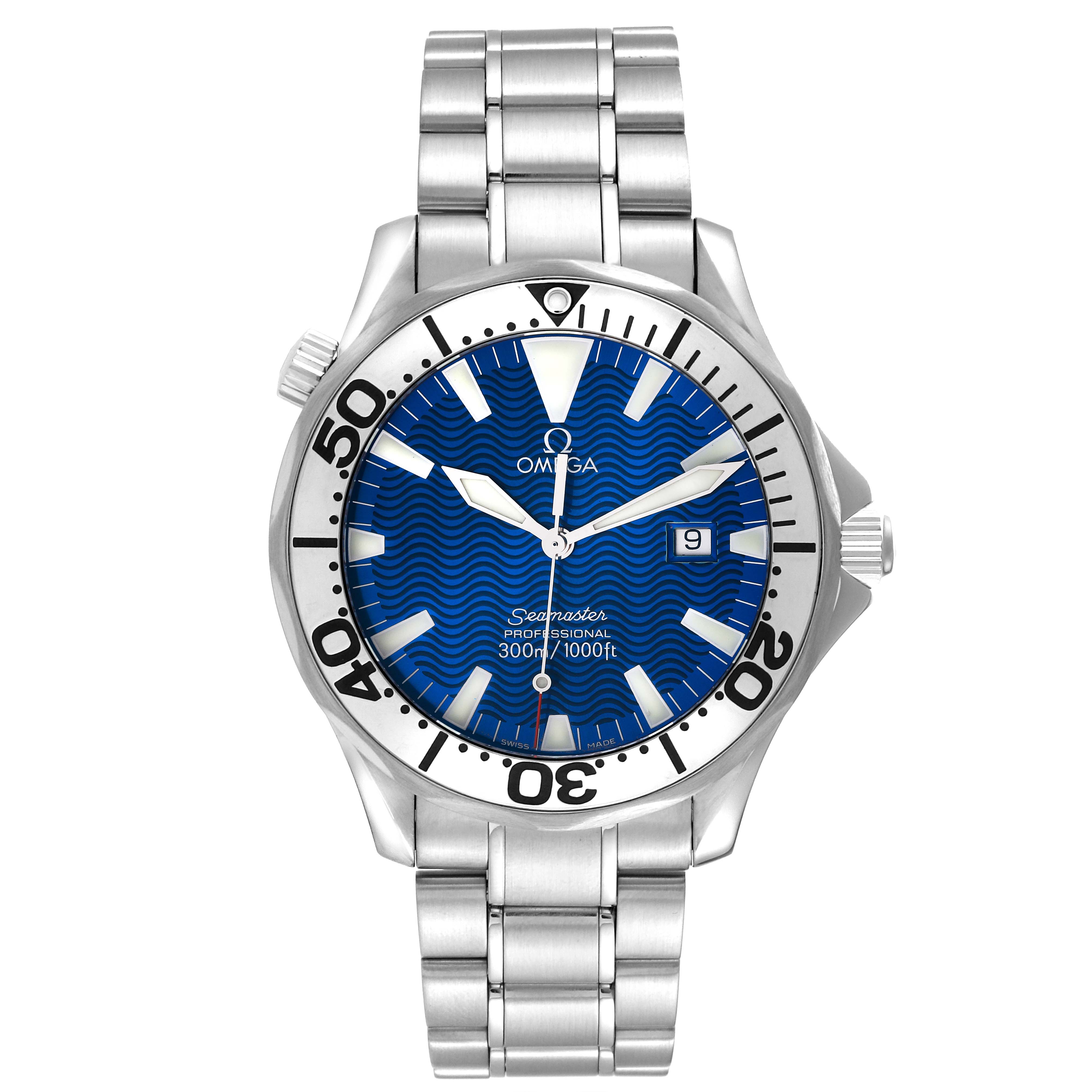 The image shows a front view of the Omega Seamaster 63020 Men
s Stainless Steel Blue Dial 63020 Men
s Stainless Steel Blue Dial watch with the face, bezel, and stainless steel bracelet clearly visible.