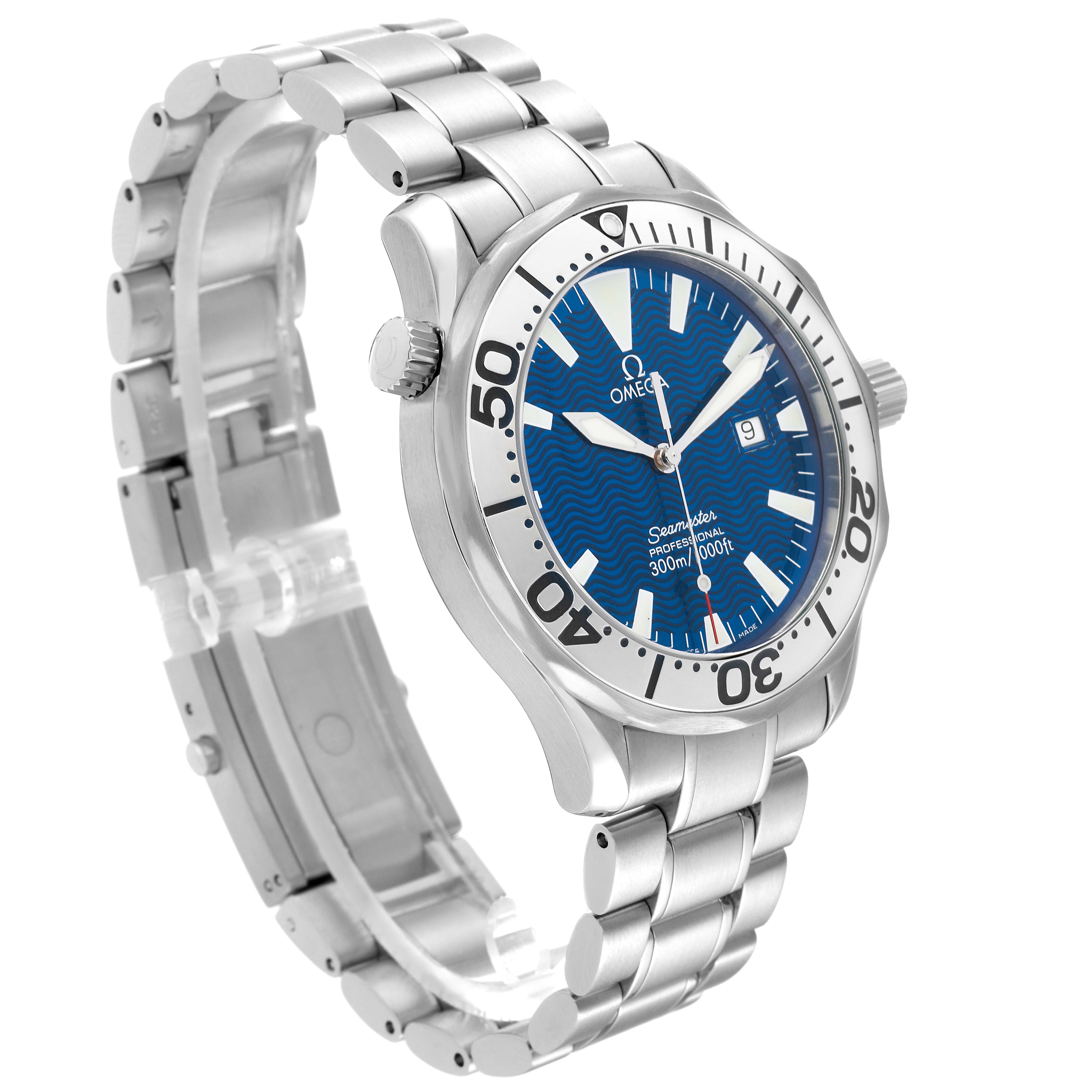 This image shows an Omega Seamaster 63020 Men
s Stainless Steel Blue Dial 63020 Men
s Stainless Steel Blue Dial watch at an oblique angle, highlighting its stainless steel bracelet, bezel, and blue dial.