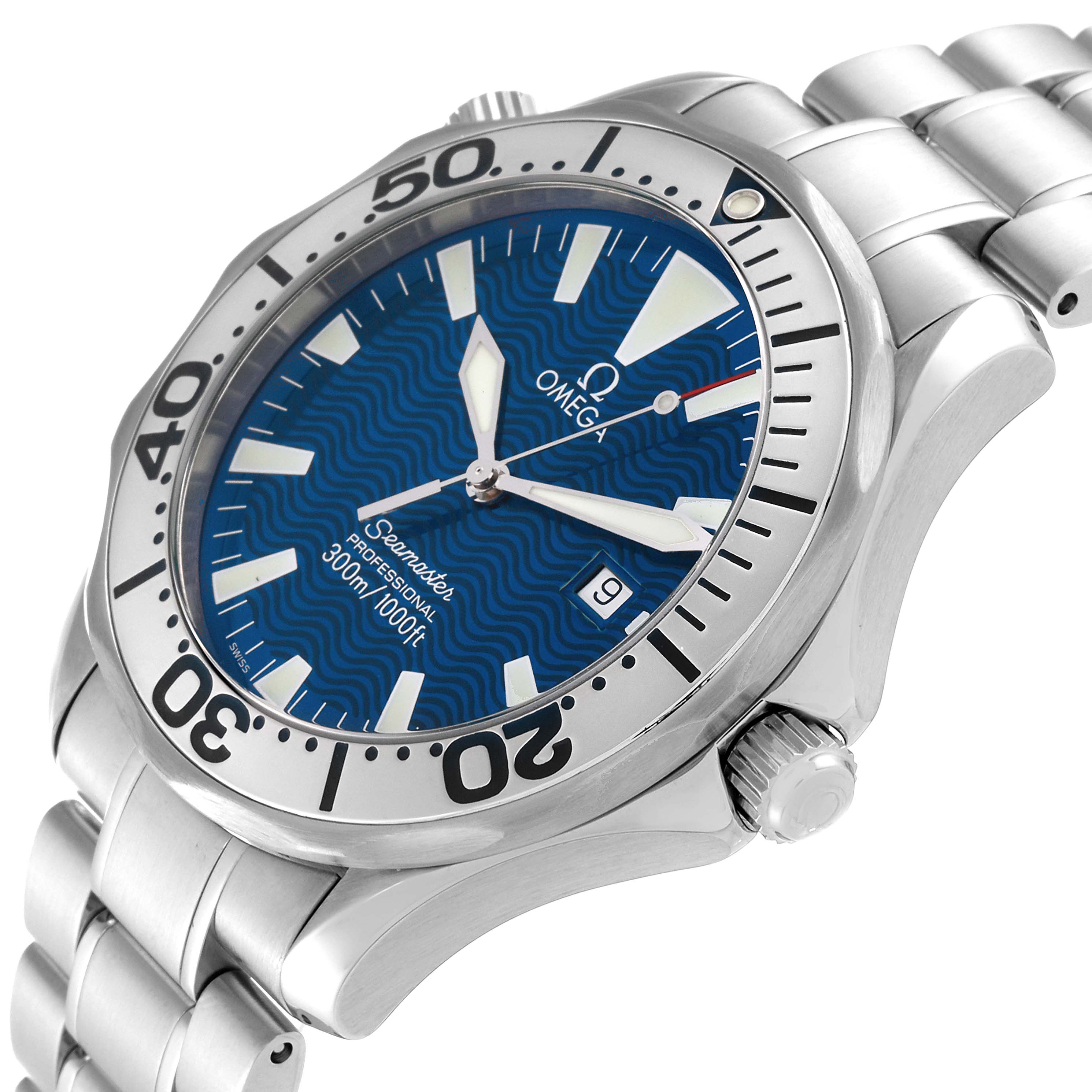 The image shows a close-up of the Omega Seamaster 63020 Men
s Stainless Steel Blue Dial 63020 Men
s Stainless Steel Blue Dial watch, highlighting the face, bezel, crown, and part of the metal bracelet.