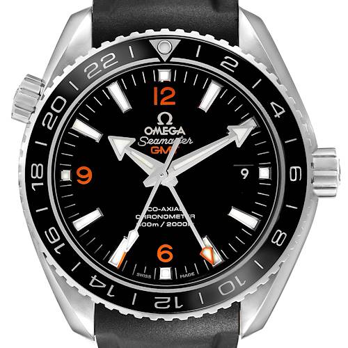 The Omega Planet Ocean 232.30.44.22.01.002 Men's Stainless Steel Black Dial watch is shown from a front angle, highlighting the face, hands, bezel, and part of the strap.