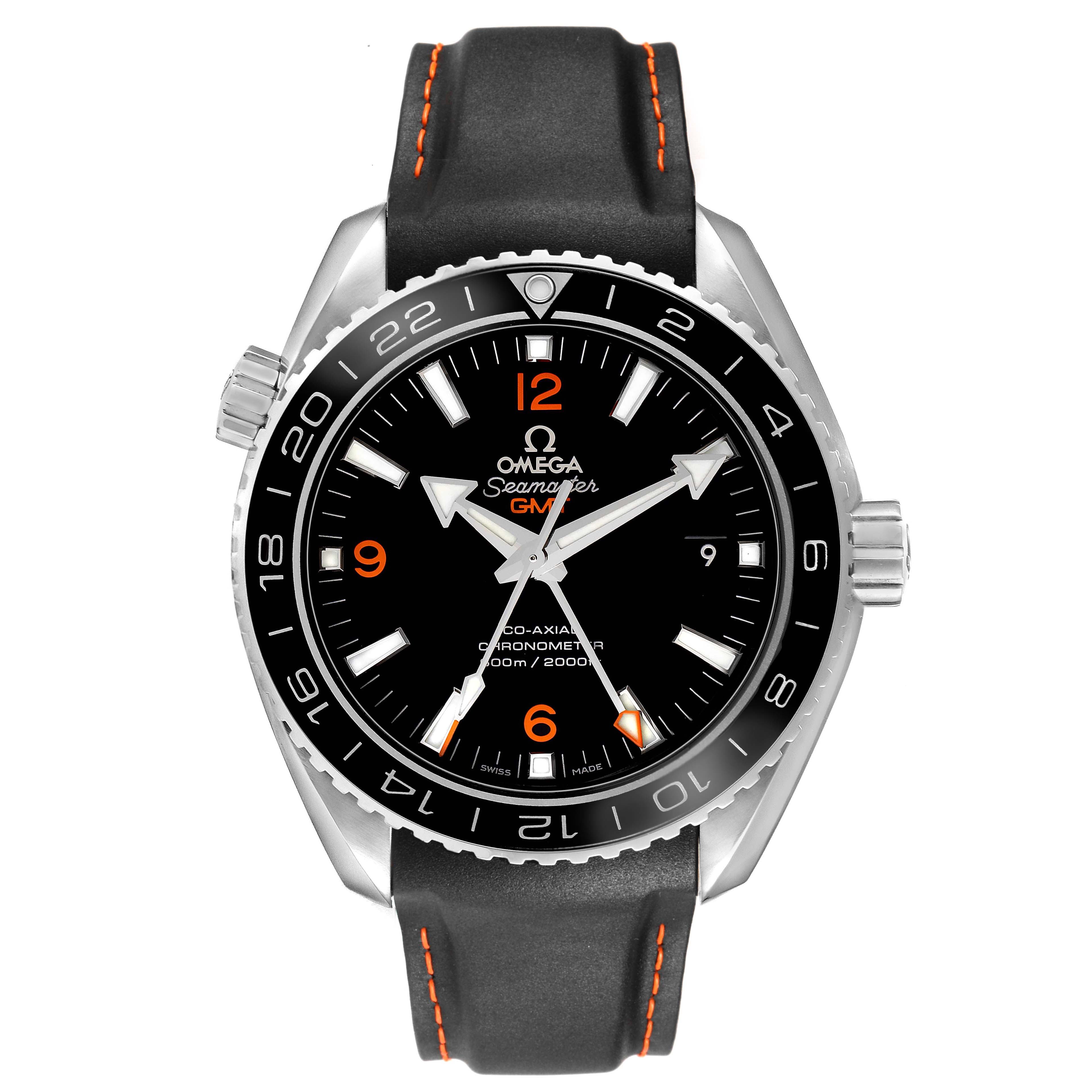 The Omega Planet Ocean 232.30.44.22.01.002 Men's Stainless Steel Black Dial watch is shown from the front, displaying the dial, bezel, and strap.