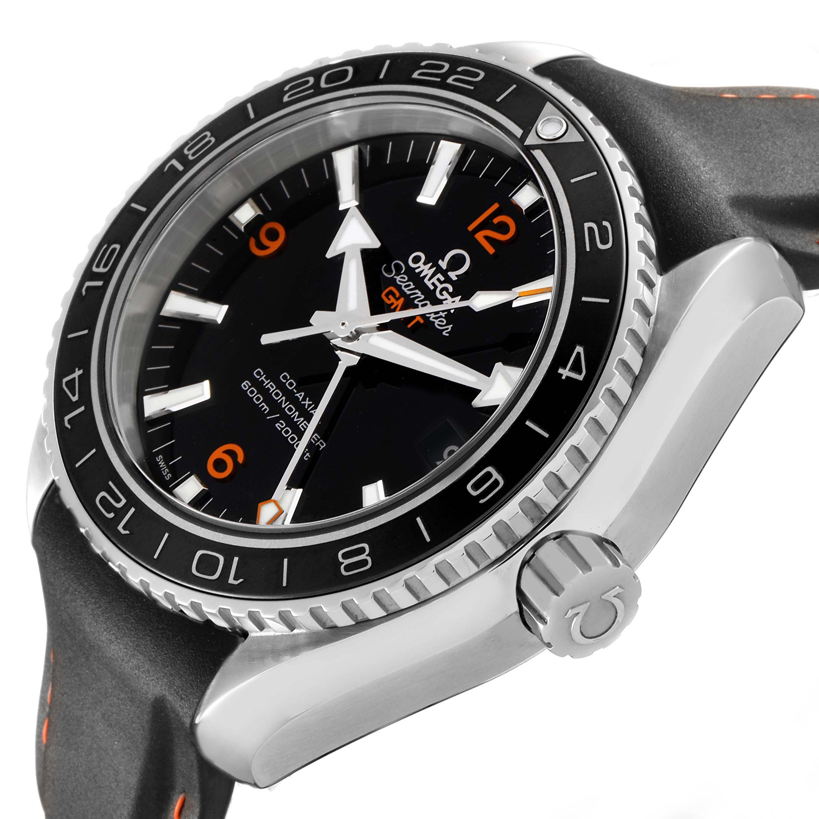 The Omega Planet Ocean 232.30.44.22.01.002 Men's Stainless Steel Black Dial watch is shown from a side angle, displaying the bezel, dial, case, crown, and strap.