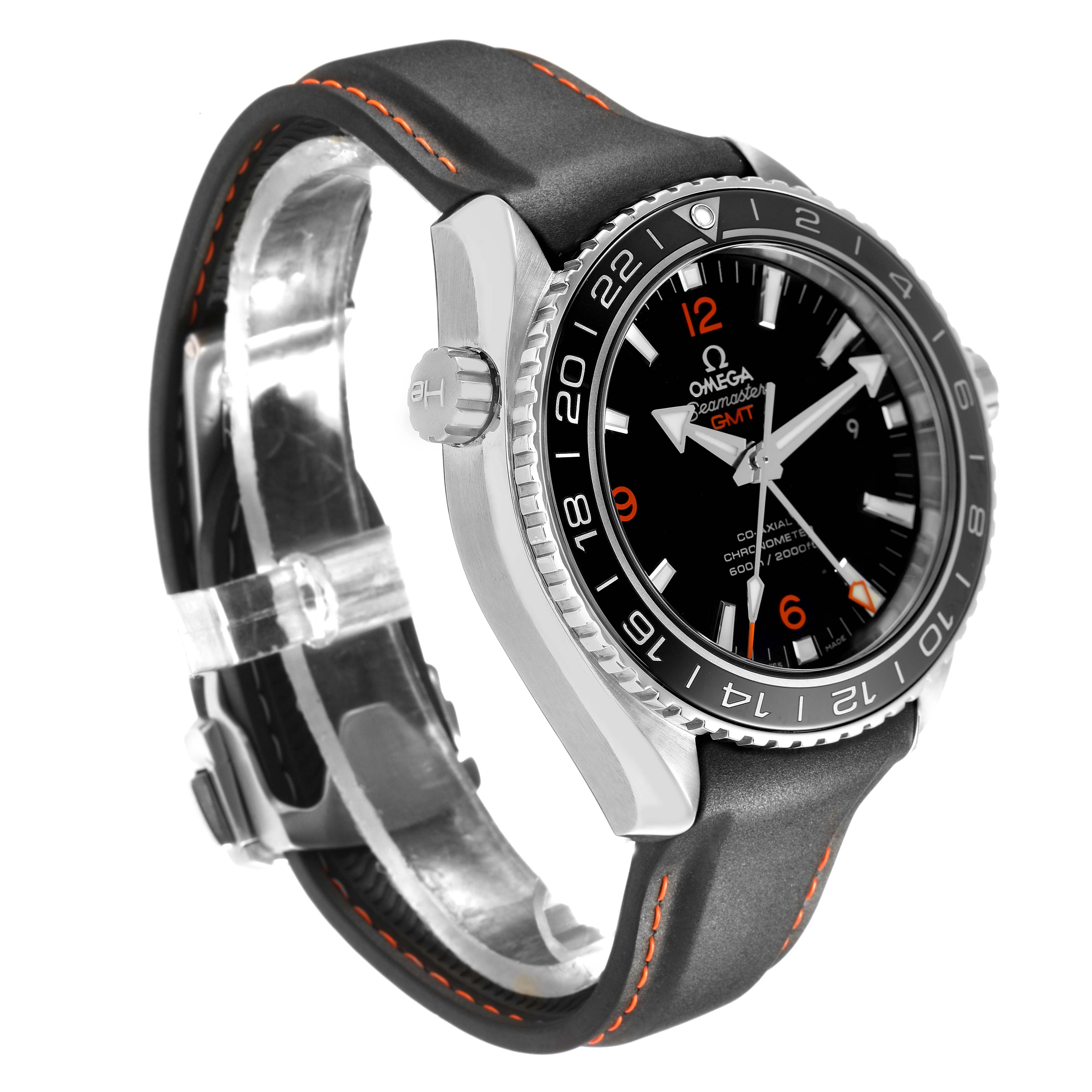 The image shows a side angle of the Omega Planet Ocean 232.30.44.22.01.002 Men's Stainless Steel Black Dial watch, highlighting the bezel, crown, and strap.