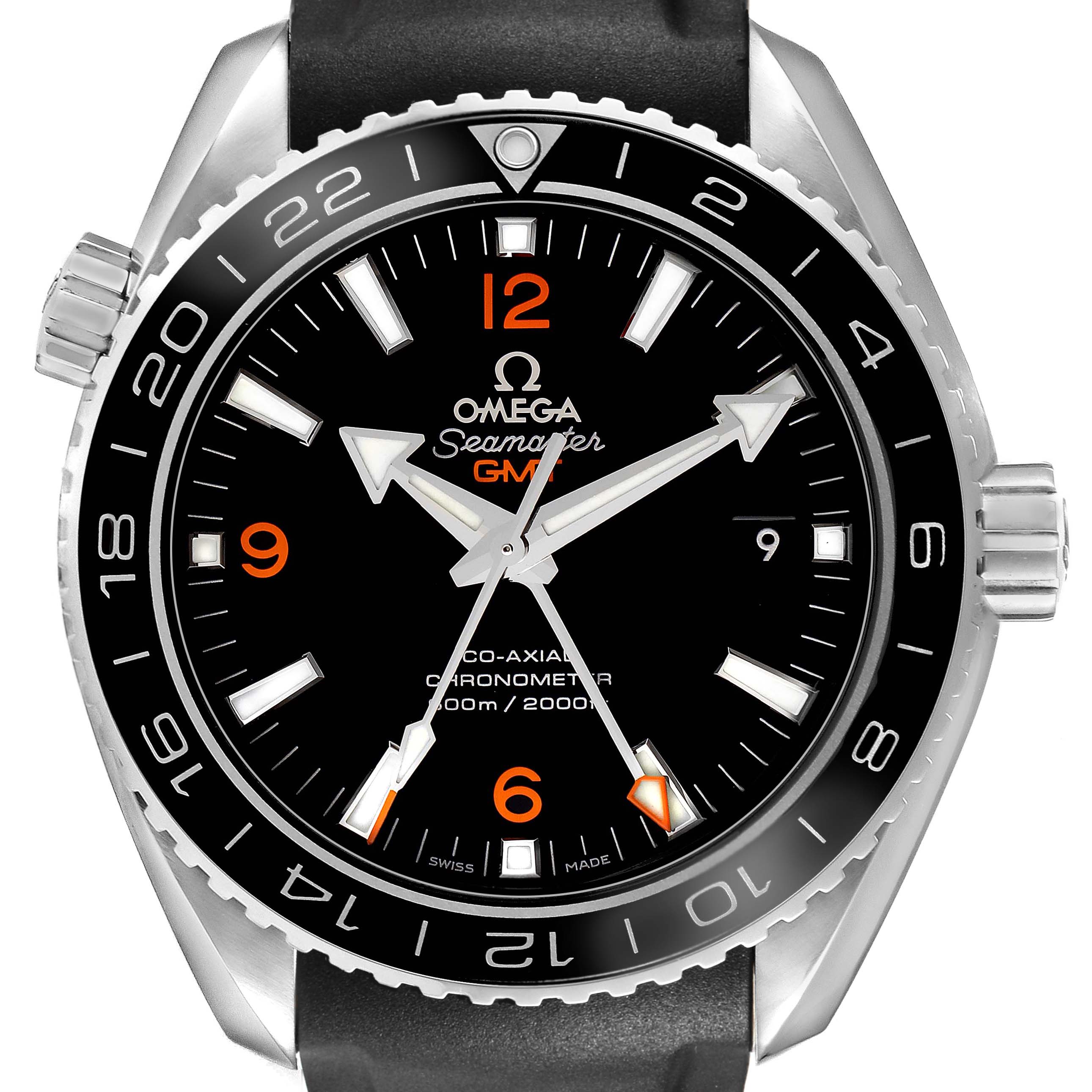 The Omega Planet Ocean 232.30.44.22.01.002 Men's Stainless Steel Black Dial watch is shown from the front, displaying the bezel, dial, hands, and part of the strap.