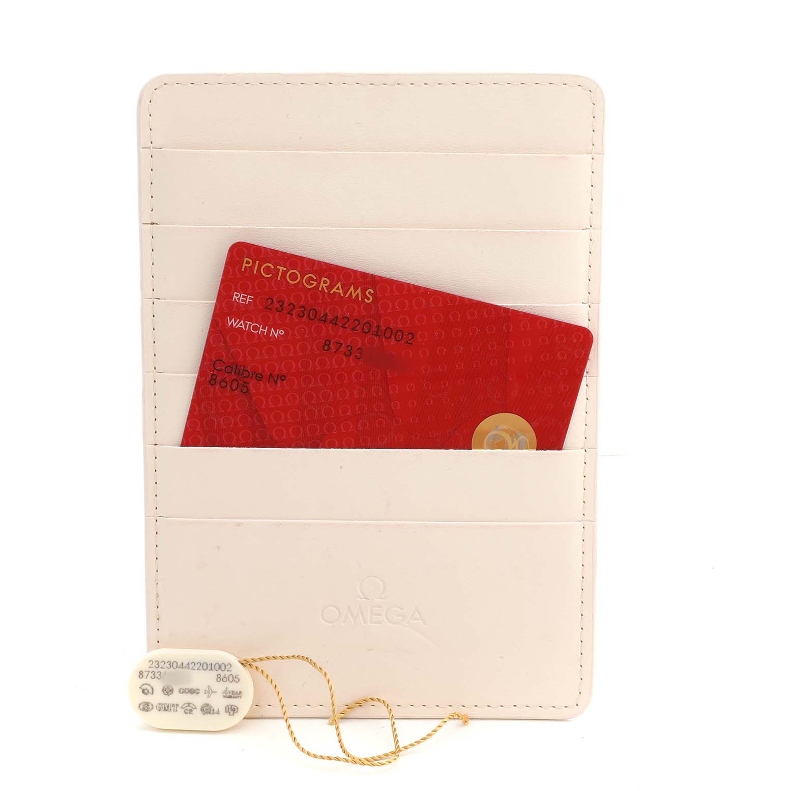 The image shows a beige Omega cardholder with a red pictogram card for the Omega Planet Ocean 232.30.44.22.01.002 Men's Stainless Steel Black Dial model.