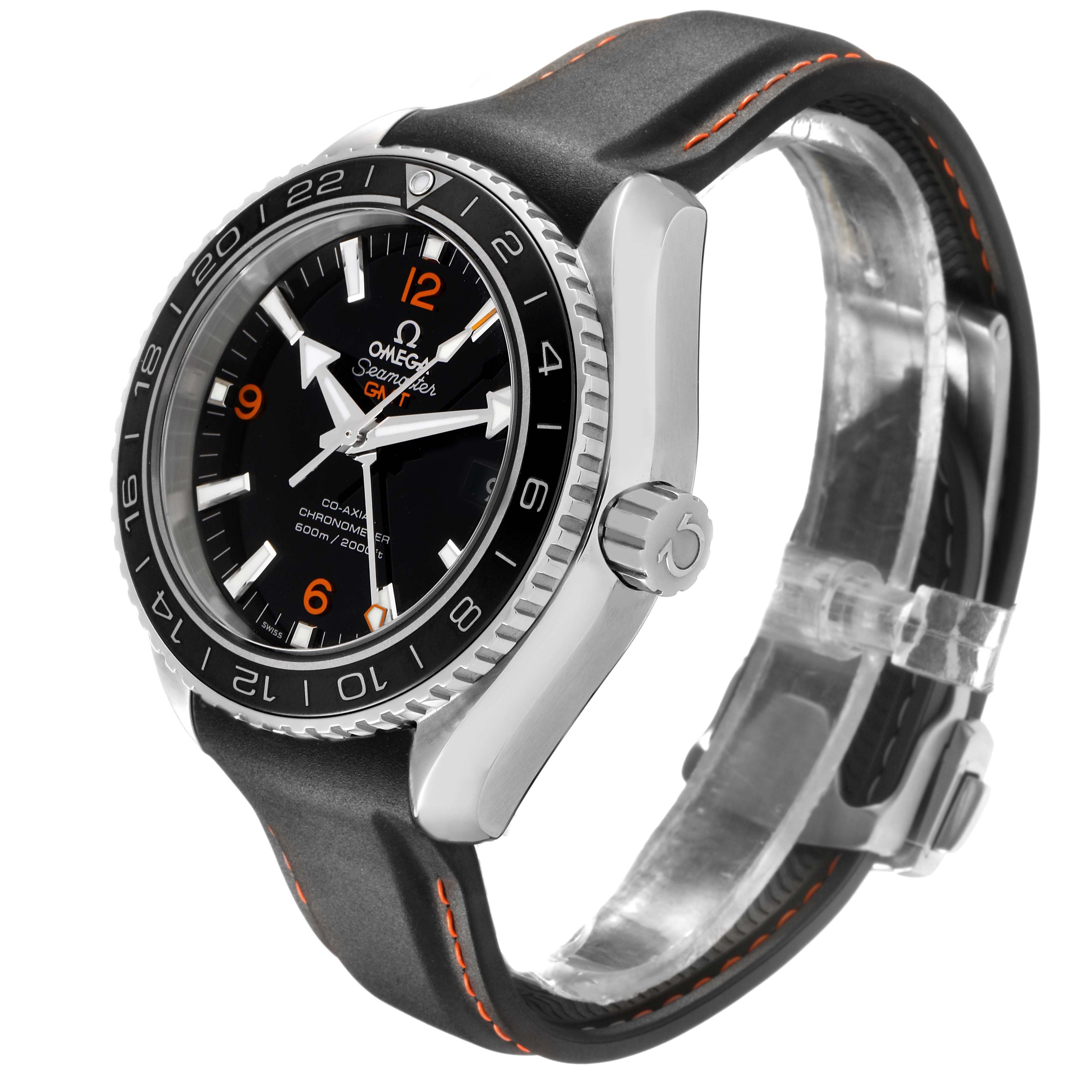 The Omega Planet Ocean 232.30.44.22.01.002 Men's Stainless Steel Black Dial model is shown from a side angle, displaying the bezel, crown, and strap details.