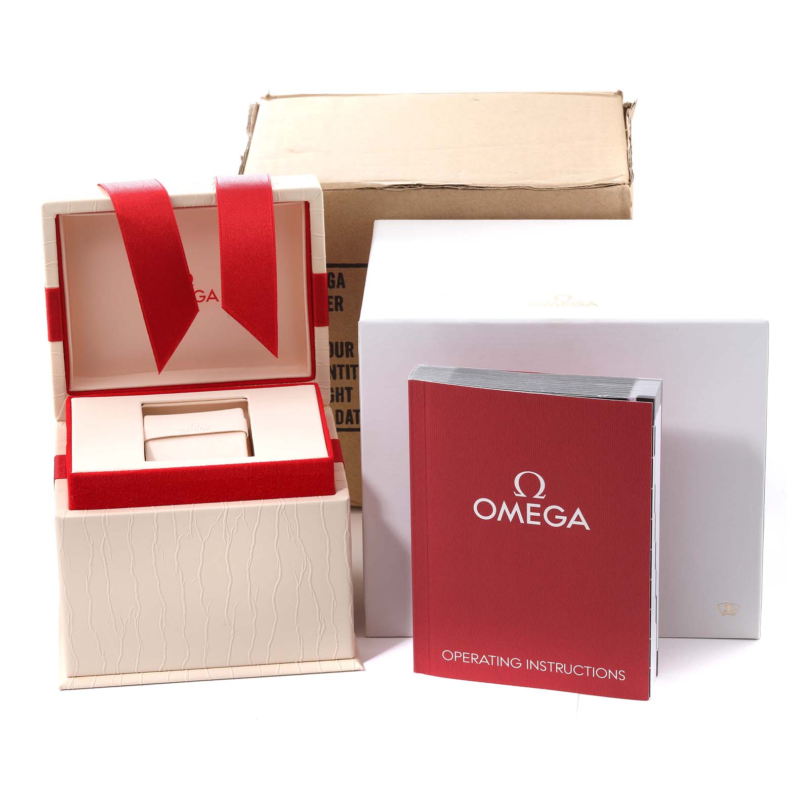 The image shows the packaging, display box, manual, and other accessories for the Omega Planet Ocean 222.28.42.20.04.001 Men's Steel and Gold (two tone) White Dial 222.28.42.20.04.001 Men's Steel and Gold (two tone) White Dial watch.