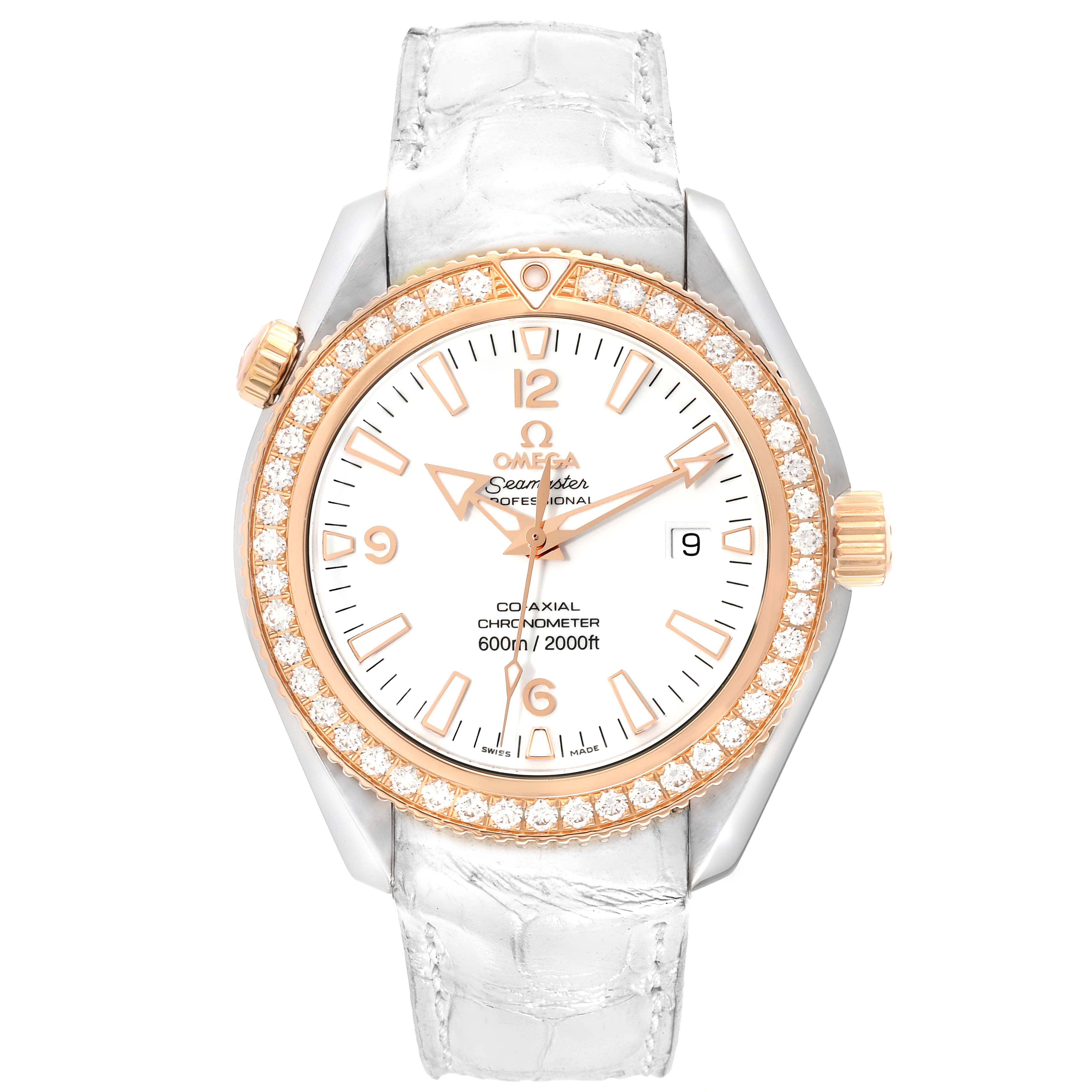 The image shows a front view of the Omega Planet Ocean 222.28.42.20.04.001 Men's Steel and Gold (two tone) White Dial 222.28.42.20.04.001 Men's Steel and Gold (two tone) White Dial watch, highlighting its bezel, dial, hands, strap, and crown.