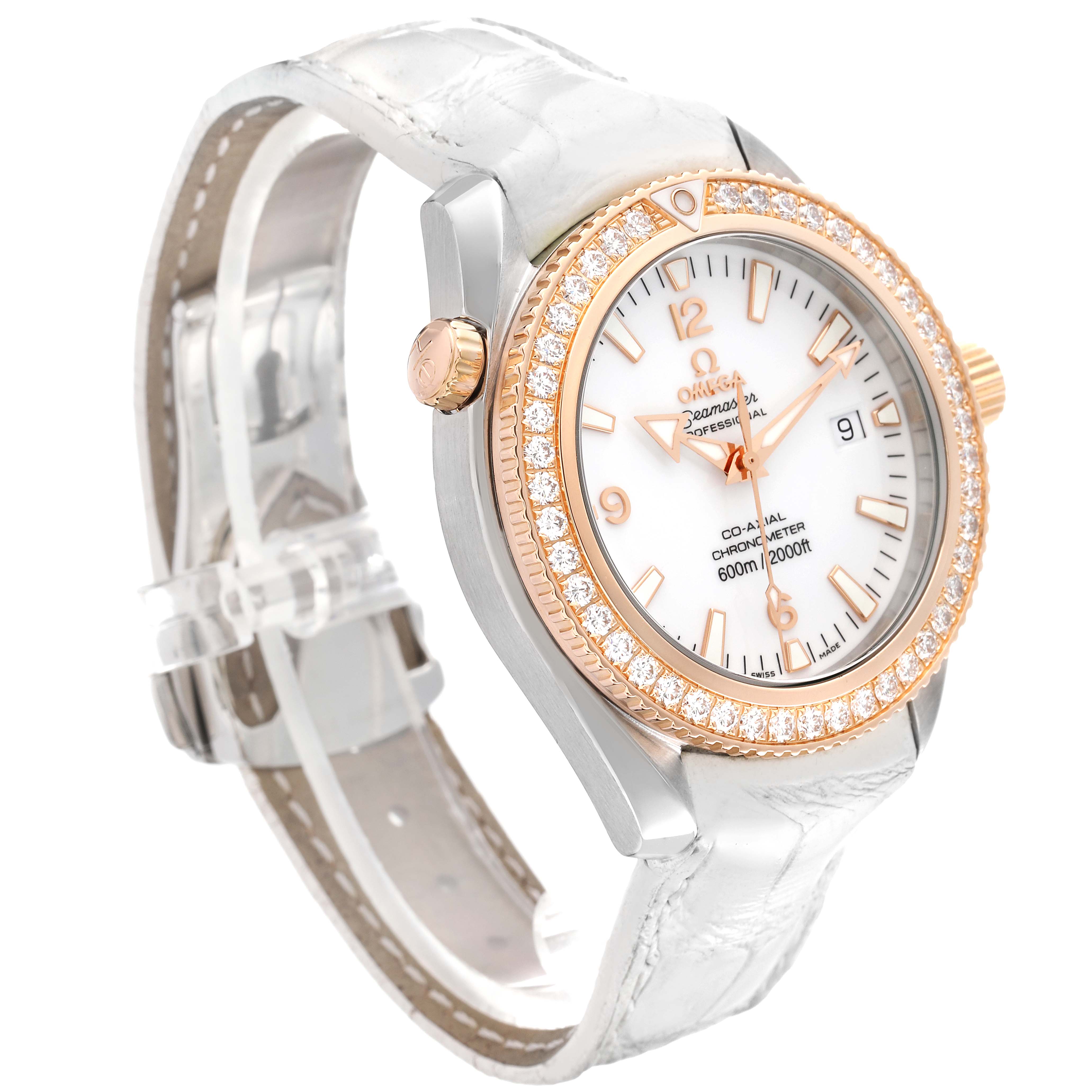 The image shows an angled view of an Omega Planet Ocean 222.28.42.20.04.001 Men's Steel and Gold (two tone) White Dial 222.28.42.20.04.001 Men's Steel and Gold (two tone) White Dial watch, highlighting its bezel, dial, and strap.