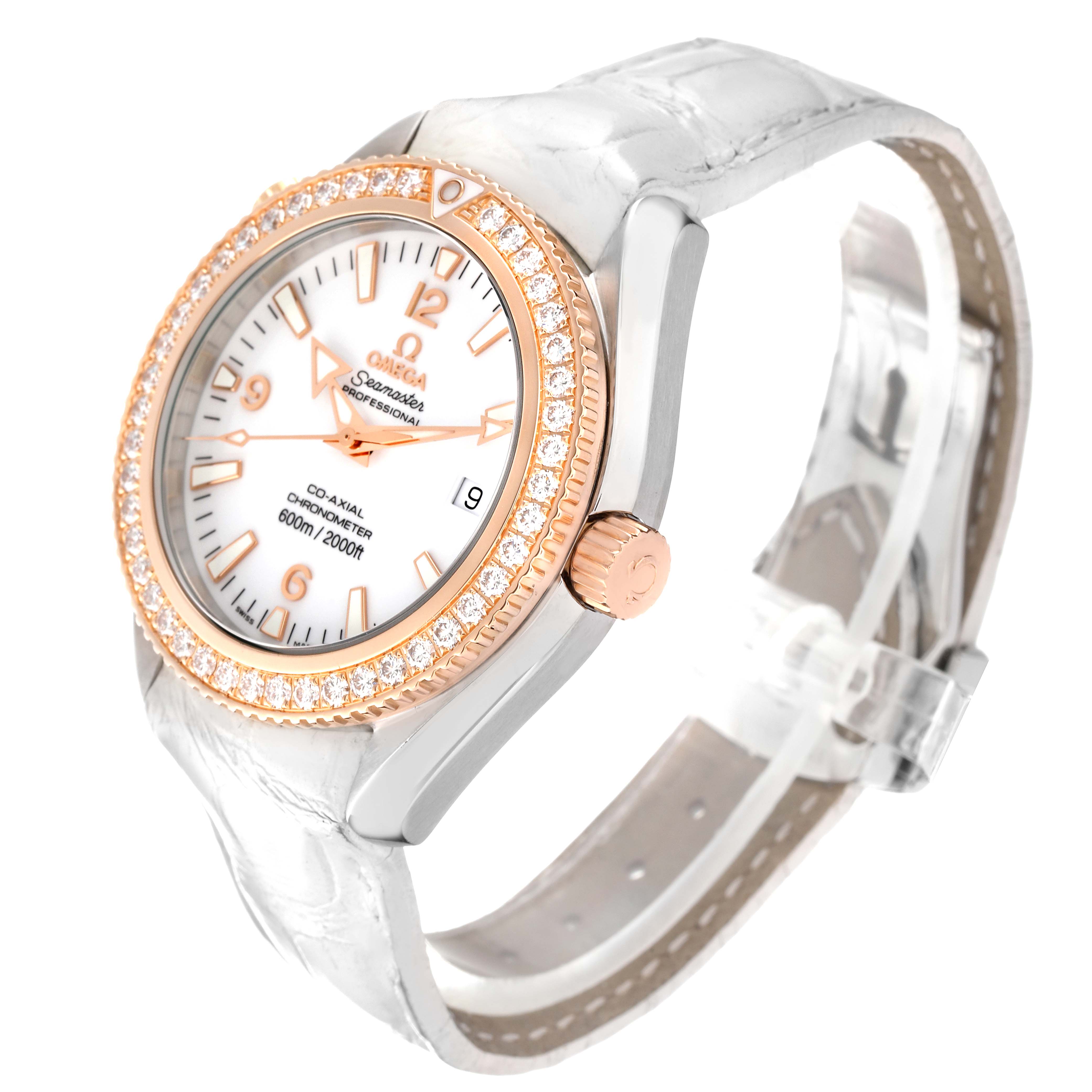 The Omega Planet Ocean 222.28.42.20.04.001 Men's Steel and Gold (two tone) White Dial 222.28.42.20.04.001 Men's Steel and Gold (two tone) White Dial watch is shown from an oblique angle, highlighting the face, bezel, crown, and strap.