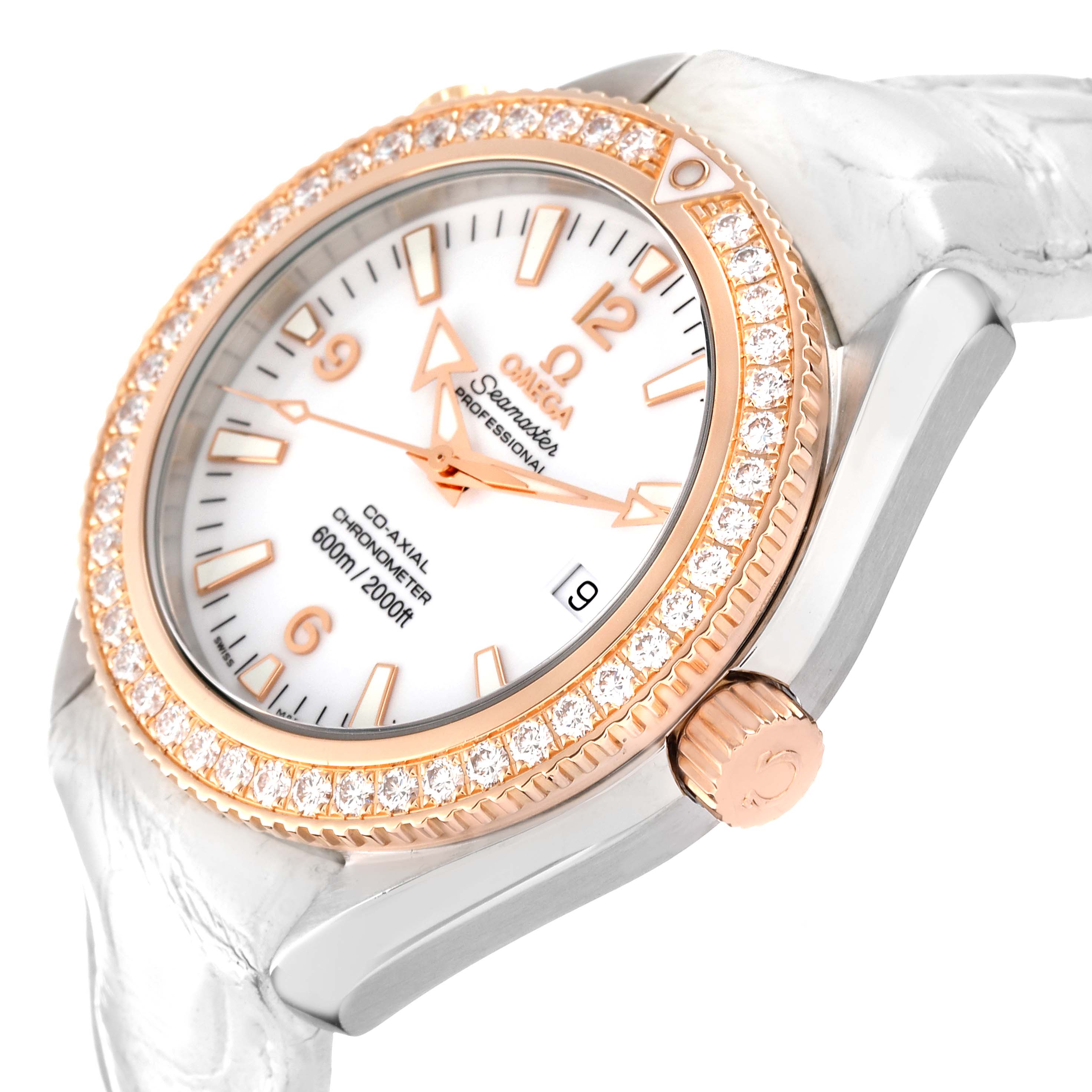 This Omega Planet Ocean 222.28.42.20.04.001 Men's Steel and Gold (two tone) White Dial 222.28.42.20.04.001 Men's Steel and Gold (two tone) White Dial watch is shown at an angled side view, displaying the face, bezel, and part of the strap.