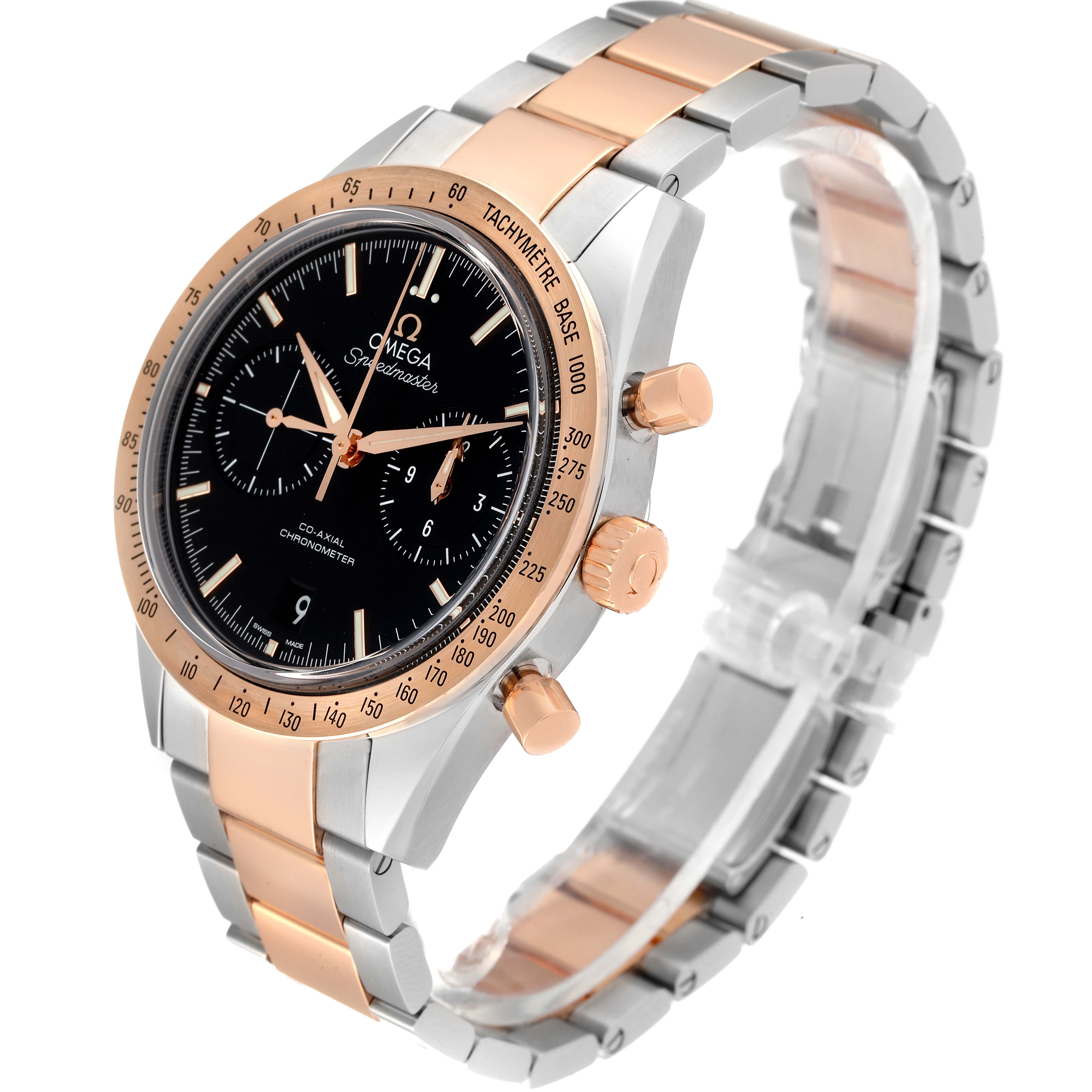 The Omega Speedmaster 331.20.42.51.01.002 Men's Steel and Gold (two tone) Black Dial 331.20.42.51.01.002 Men's Steel and Gold (two tone) Black Dial watch is shown at an angled side view, displaying its dual-tone band, bezel, case, and chronograph dials.