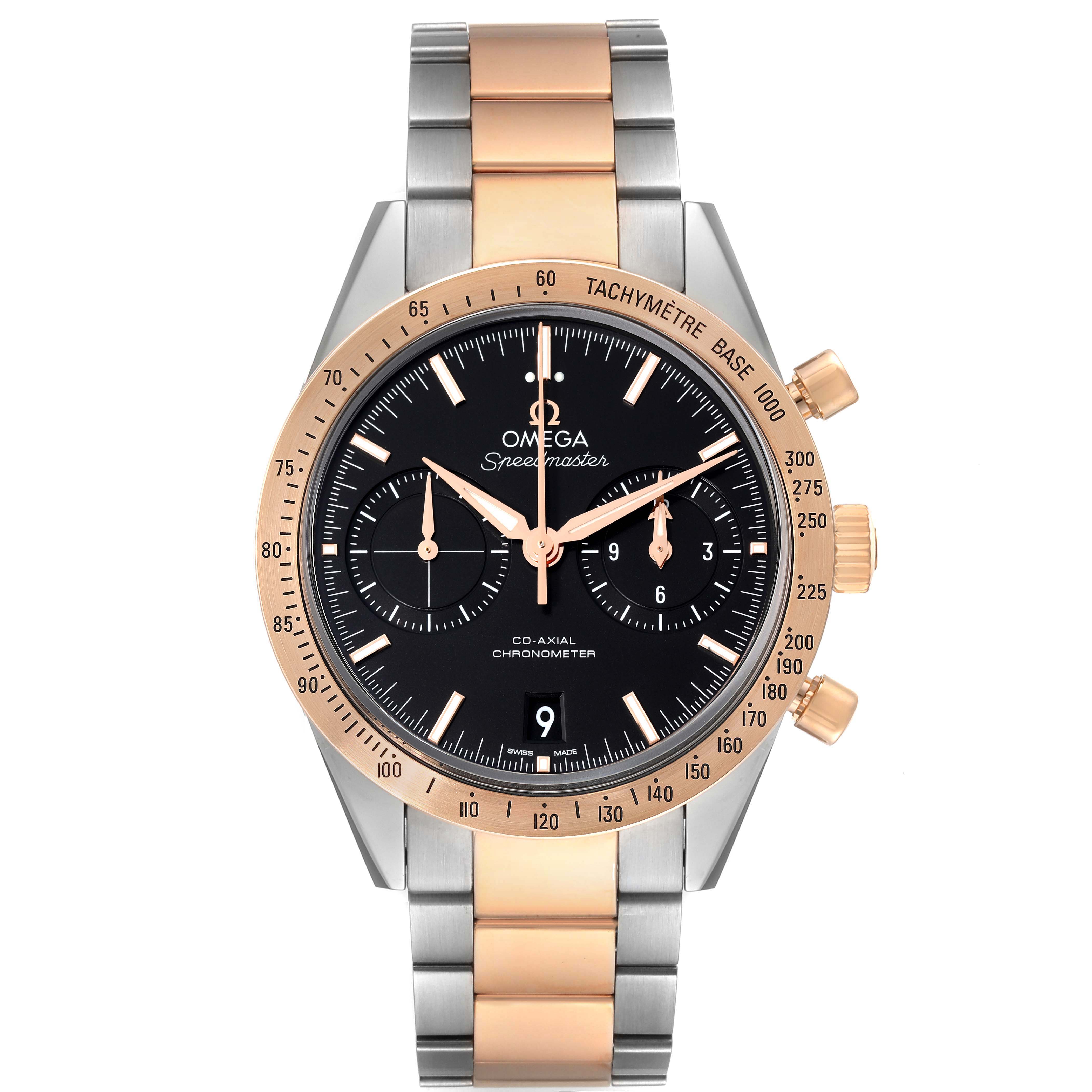 The image shows a front view of an Omega Speedmaster 331.20.42.51.01.002 Men's Steel and Gold (two tone) Black Dial 331.20.42.51.01.002 Men's Steel and Gold (two tone) Black Dial watch, featuring a black dial, gold bezel, and a two-tone metal bracelet.